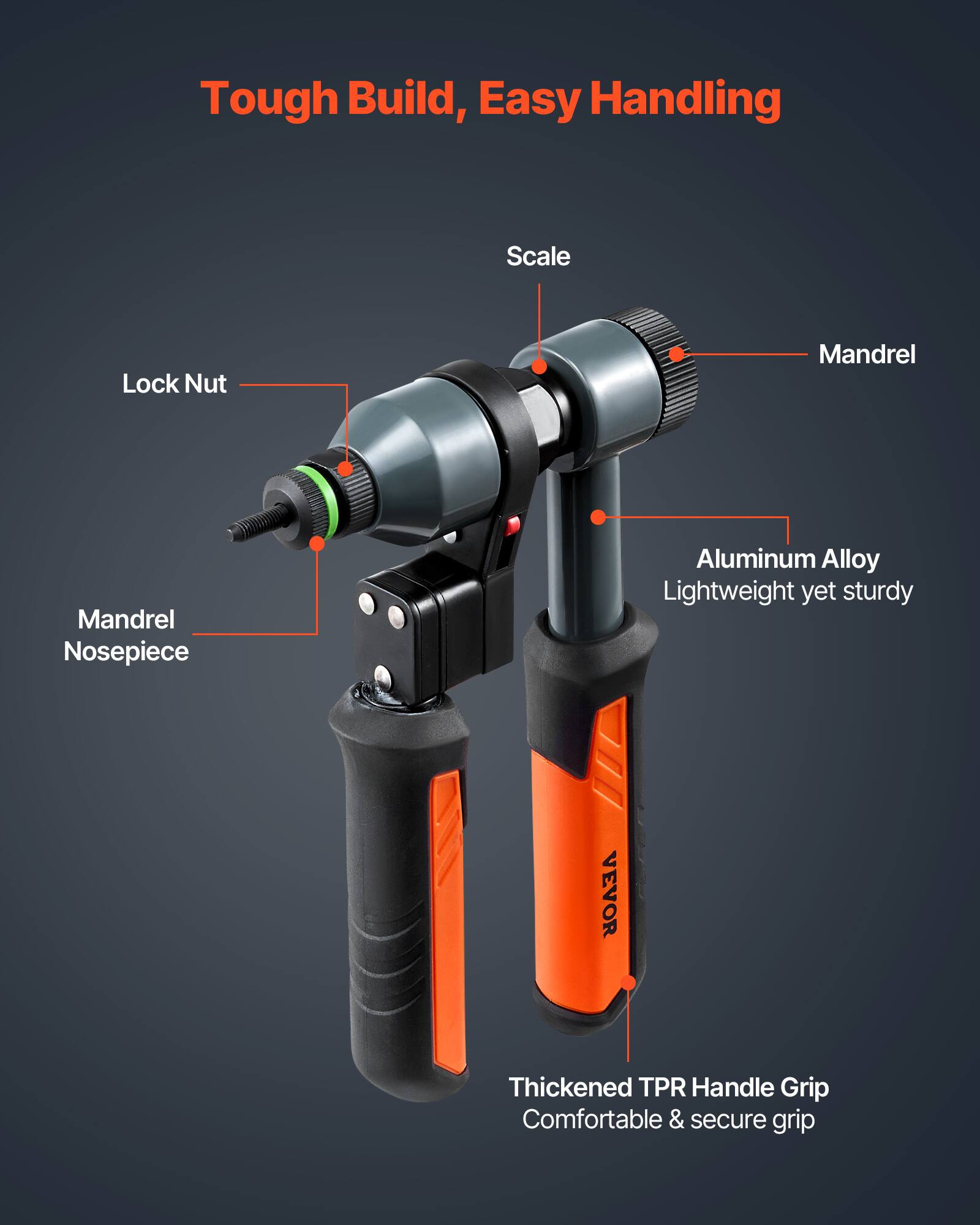 Tough Build, Easy Handling

- Scale
- Lock Nut
- Mandrel
- Mandrel Nosepiece
- Aluminum Alloy: Lightweight yet sturdy
- Thickened TPR Handle Grip: Comfortable & secure grip