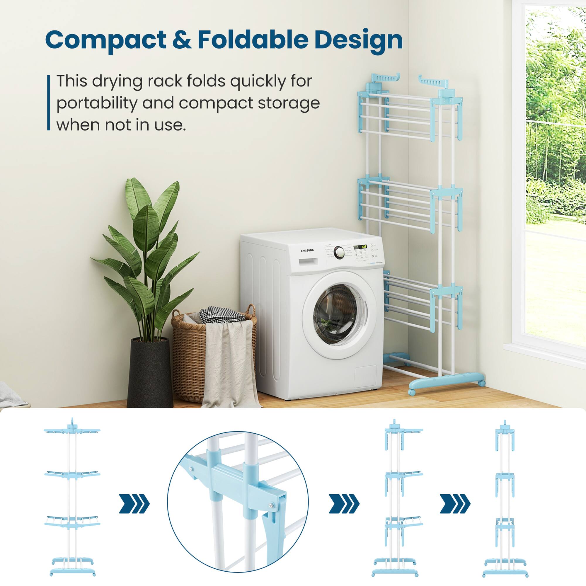 Compact & Foldable Design

This drying rack folds quickly for portability and compact storage when not in use.