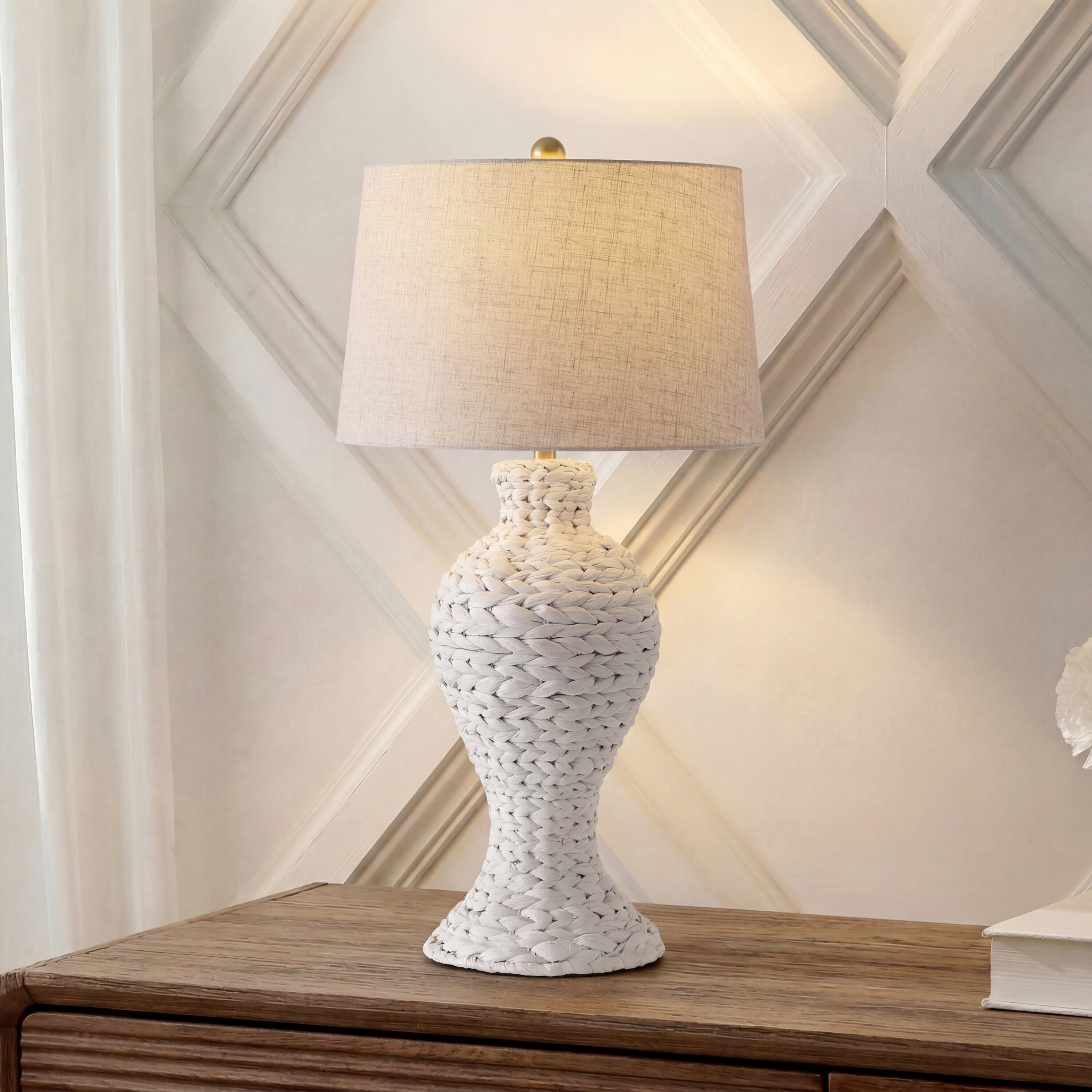 Alt View 1. Jonathan Y - Elicia 31" Coastal Bohemian Woven Water Hyacinth Urn Table Lamp, White with Beige Linen Shade for Living Room - White.
