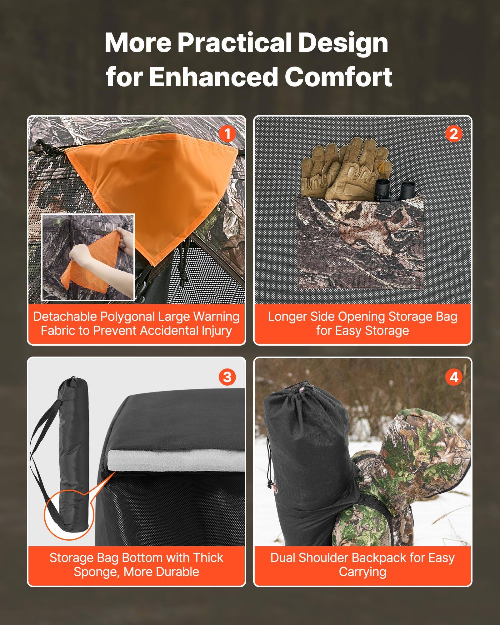 More Practical Design for Enhanced Comfort

1. Detachable Polygonal Large Warning Fabric to Prevent Accidental Injury
2. Longer Side Opening Storage Bag for Easy Storage
3. Storage Bag Bottom with Thick Sponge, More Durable
4. Dual Shoulder Backpack for Easy Carrying