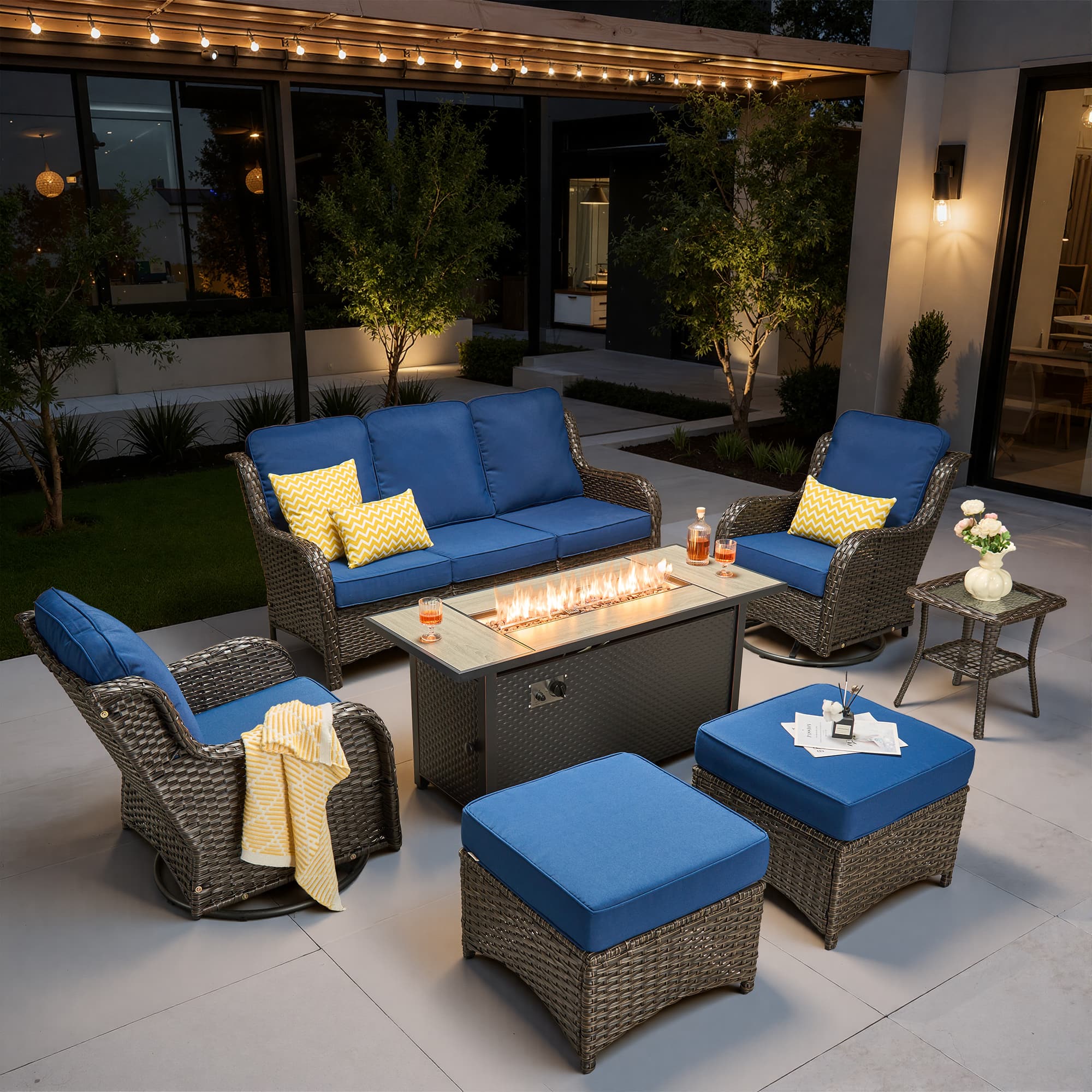 Ovios - 7 PCS Patio Furniture High Back Sofa Set with 54" Fire Pit Table, Swivel Chairs & Ottoman - Navy Blue(Brown Wicker)