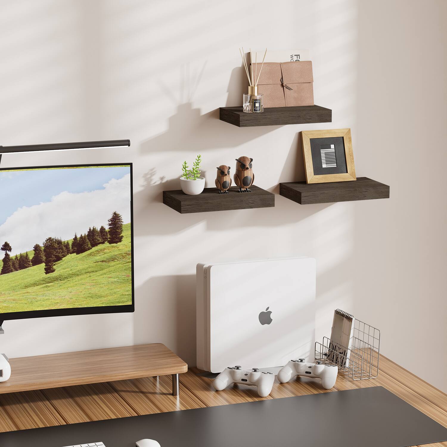 Alt View 4. BOMEDA - Floating Wall Shelves, Wooden Wall Shelf for Room or Bathroom Storage, Over Toilet Wall Organizer, 12x7x1.5 in, 3 Pack - Smoke gray.