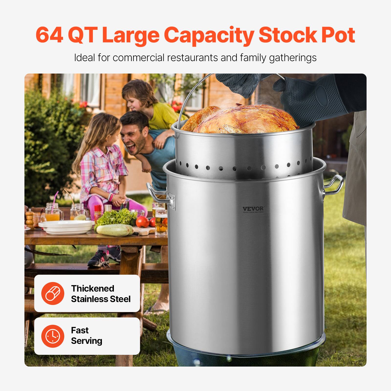 64 QT Large Capacity Stock Pot  
Ideal for commercial restaurants and family gatherings  

Thickened Stainless Steel  
Fast Serving