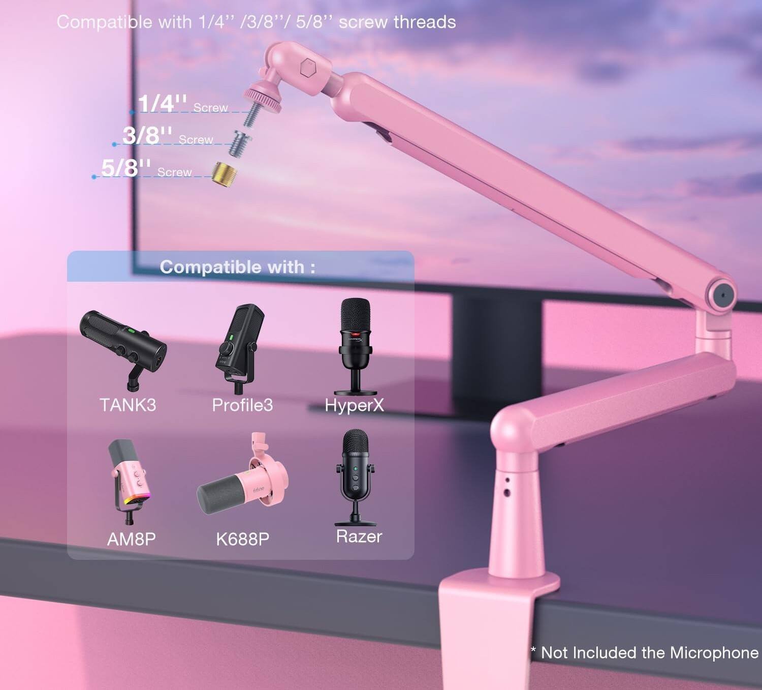 Compatible with 1/4" / 3/8" / 5/8" screw threads

1/4" Screw
3/8" Screw
5/8" Screw

Compatible with:
- TANK3
- Profile3
- HyperX
- AM8P
- K688P
- Razer

* Not Included the Microphone