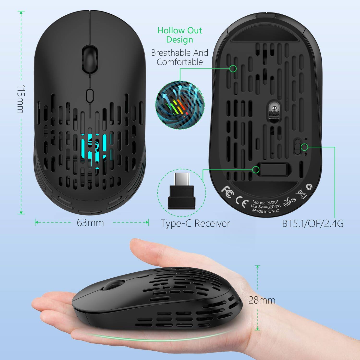 Hollow Out Design  
Breathable And Comfortable  

115mm  
63mm  

Model: RM301  
USB 5V=300mA  
Made in China  
Type-C Receiver  
BT5.1/OF/2.4G  

28mm  

FC CE  
RoHS