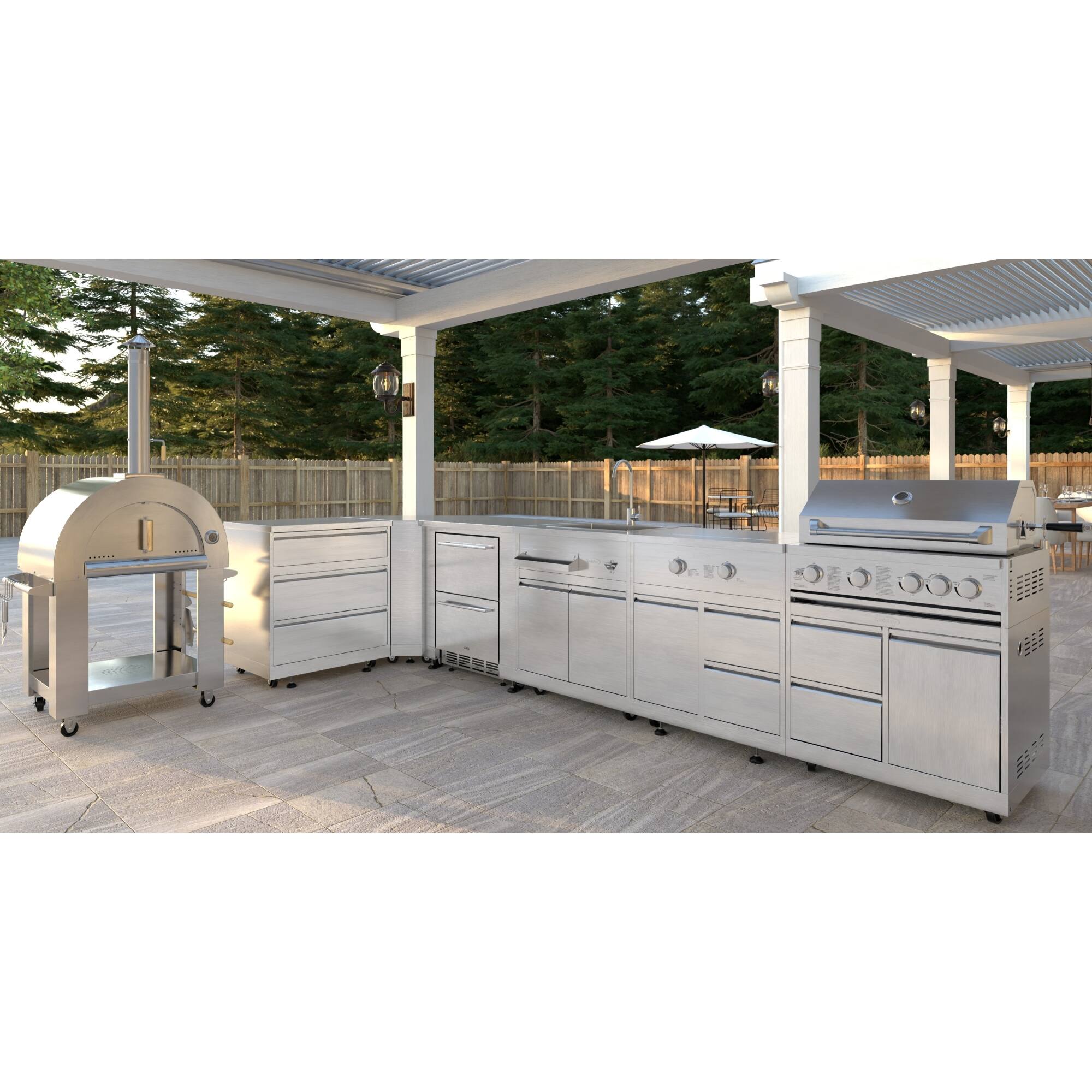 Angle. Koolmore - Wood fire Pizza Oven, 3 Drawer Cabinet, Corner Cabinet, Refrigerator, Side Burner, 30 in. Grill and Cabinet - Stainless Steel.