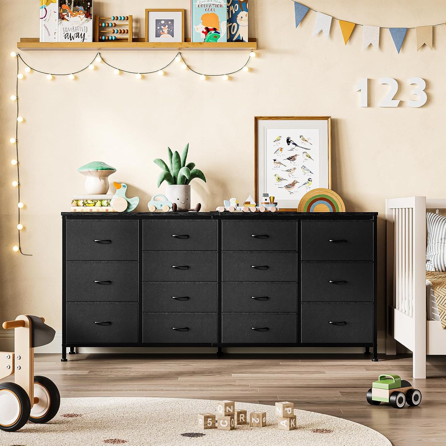 Acekool - 14 Drawer Dresser, 63" Fabric TV Stand with Power Outlet, Long Storage Chest for 65-75" TV, Bedroom, Living Room - Black