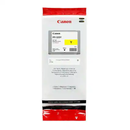 Canon PFI-320Y Ink Tank
Reservoir d'encre Y
300ml
Pour imagePROGRAF
Ink Tank / Reservoir d'encre / Tintetank / Deposito de tinta / Serbatoio d'inchiostro / Ink Tank / Reservoir / Depósito de tinta / Serbatoio / 1 Tank / 1 Reservoir / 1 Serbatoio / 1 콘테이너
Genuine Canon / Pièce d'origine Canon