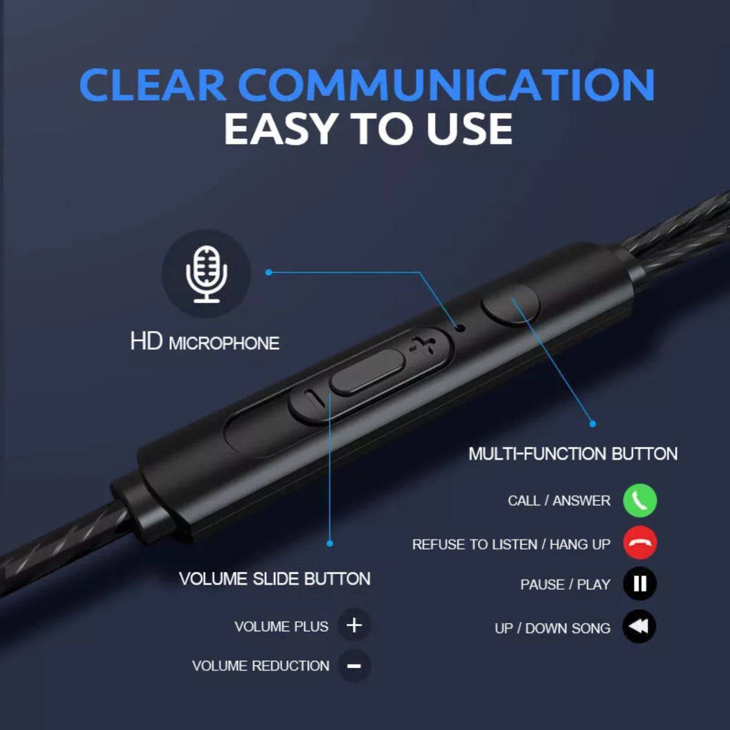 CLEAR COMMUNICATION  
EASY TO USE  

HD MICROPHONE  

MULTI-FUNCTION BUTTON  
- CALL / ANSWER  
- REFUSE TO LISTEN / HANG UP  
- PAUSE / PLAY  
- UP / DOWN SONG  

VOLUME SLIDE BUTTON  
- VOLUME PLUS +  
- VOLUME REDUCTION -