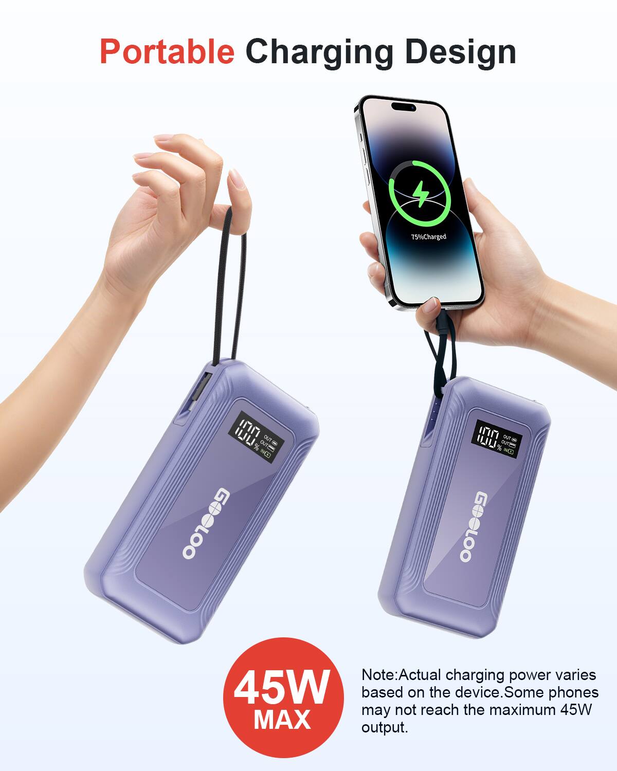 Portable Charging Design

75% Charged

100% OUT 45W

Note: Actual charging power varies based on the device. Some phones may not reach the maximum 45W output.