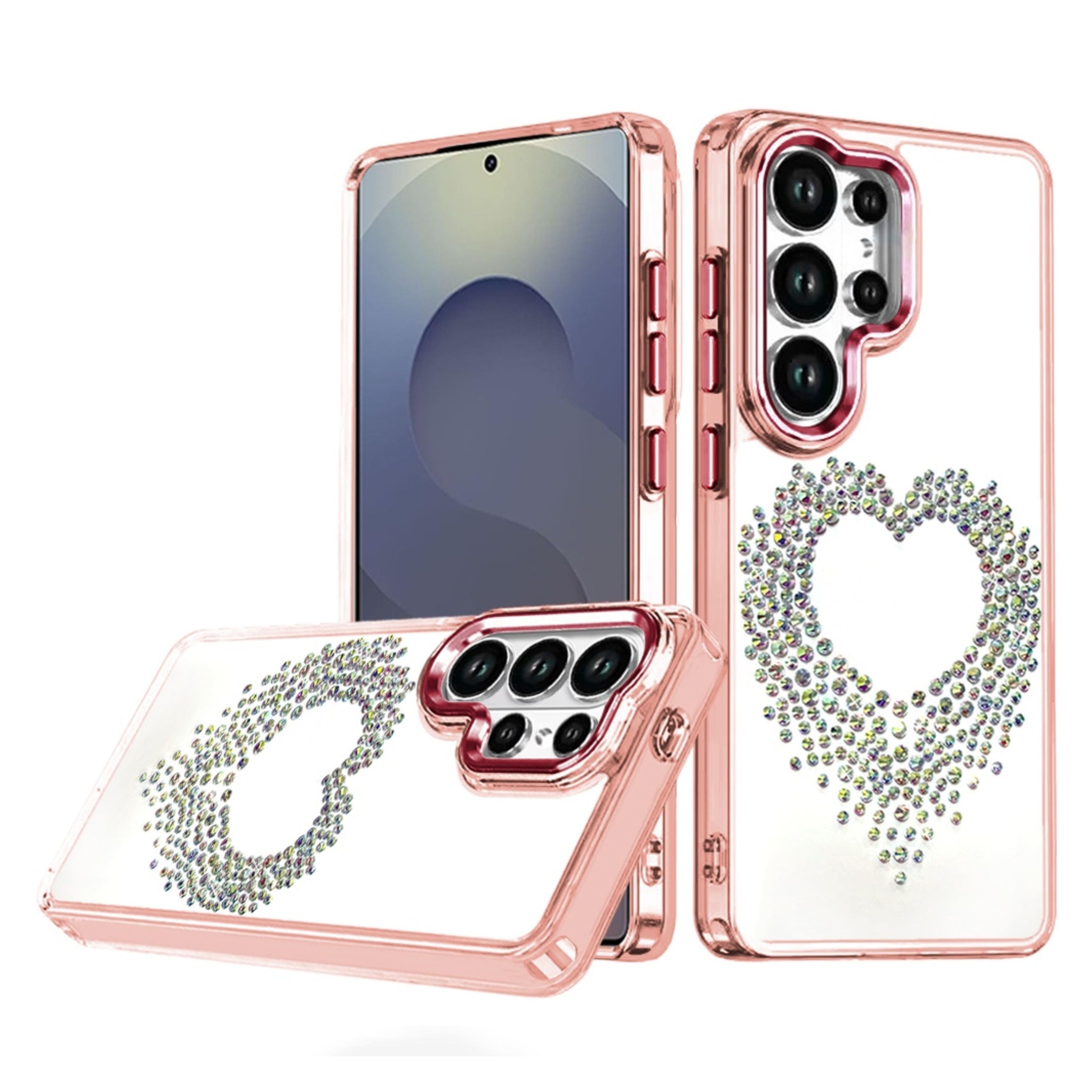 Kitcheniva - Heart Shaped Rhinestones Clear Phone Cover With Tempered Glass For Samsung Galaxy S25 Ultra - Rose Gold price history on PriceWatchPro