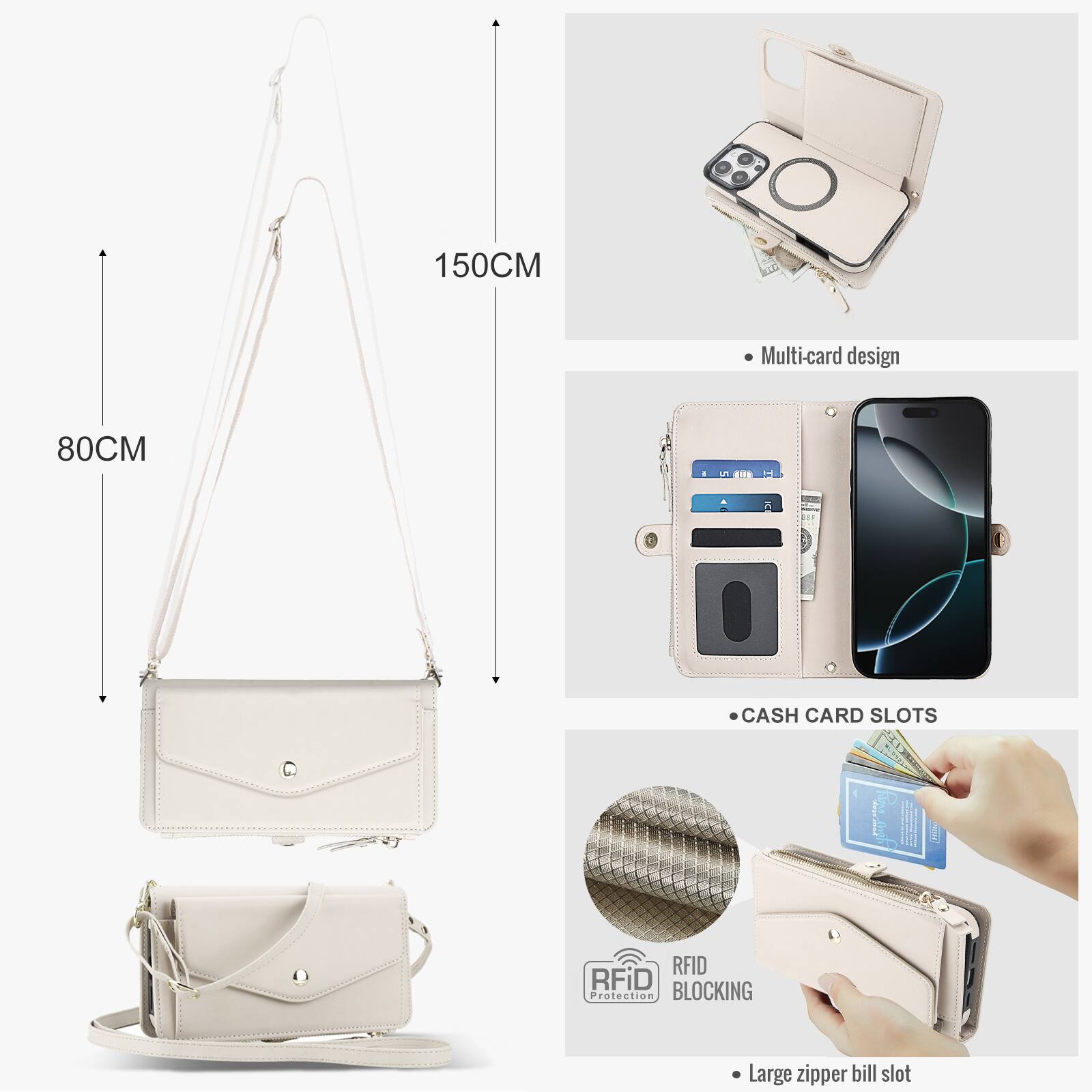 150CM Multi-card design 80CM  
L11S i CASH CARD SLOTS RFID RFiD Protection BLOCKING Large zipper bill slot