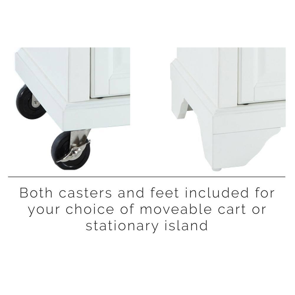 Both casters and feet included for your choice of moveable cart or stationary island