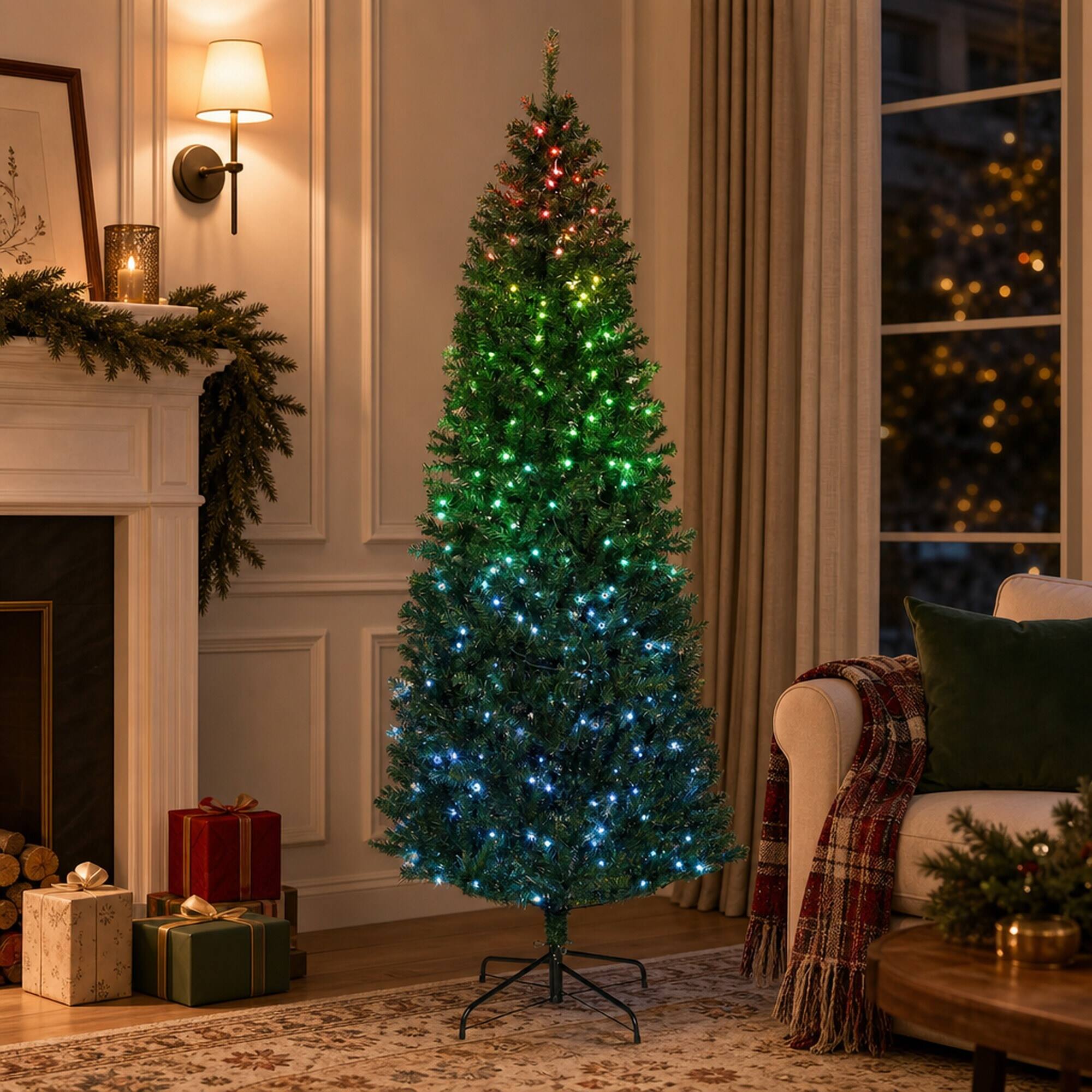 Left. RYHNUYNE - 7FT Pre-Lit Slim Fir Christmas Tree With Colorful DIY Synchronized LED Lights and Remote, 12 Modes and Dense Tips - Green.