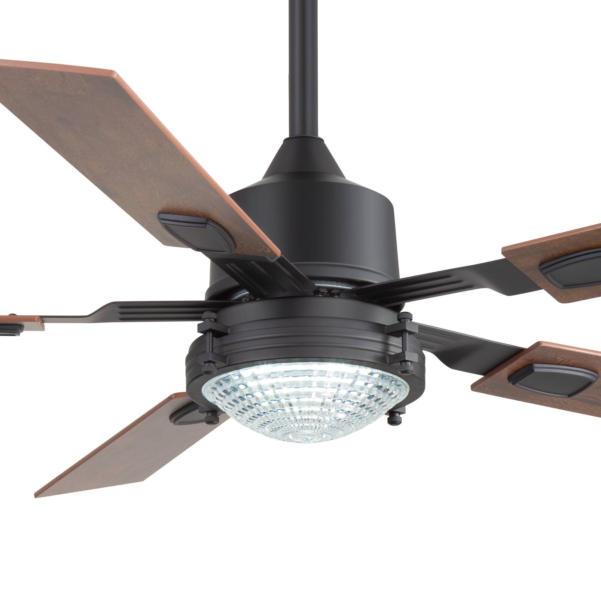 Left. Breezary - 52-in Indoor Large LED Ceiling Fan with 6-Speed Reversible Motor, 3-Color Light, 6'' Downrod, with Remote - Matte Black.