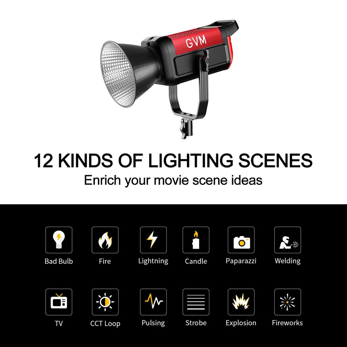 GVM 12 KINDS OF LIGHTING SCENES Enrich your movie scene ideas Bad Bulb Fire Lightning Candle Paparazzi Welding TV CCT Loop Pulsing Strobe Explosion Fireworks