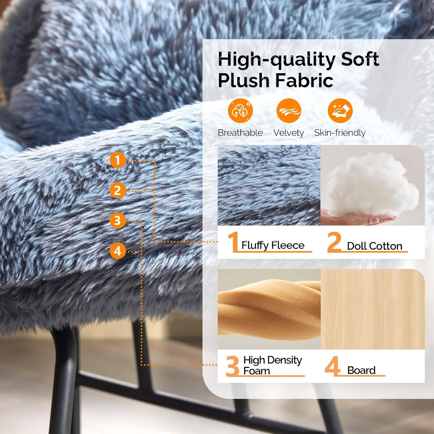 High-quality Soft Plush Fabric

Breathable Velvety Skin-friendly

1 Fluffy Fleece
2 Doll Cotton
3 High Density Foam
4 Board