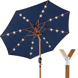 Best Choice Products - 10ft Solar LED Lighted Outdoor Woodgrain Pattern Steel Market Patio Umbrella - Navy Blue