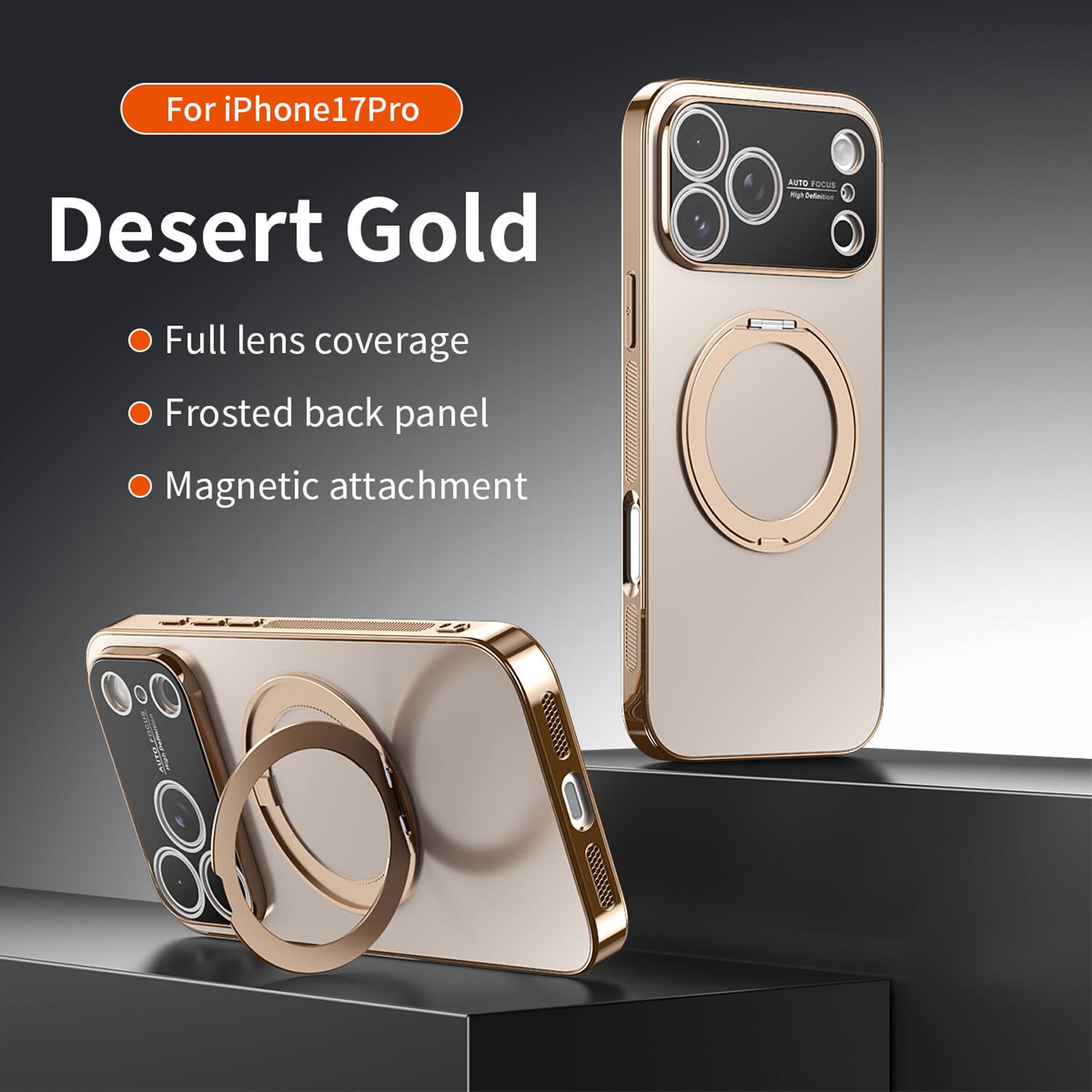 For iPhone17Pro  
Desert Gold  
- Full lens coverage  
- Frosted back panel  
- Magnetic attachment