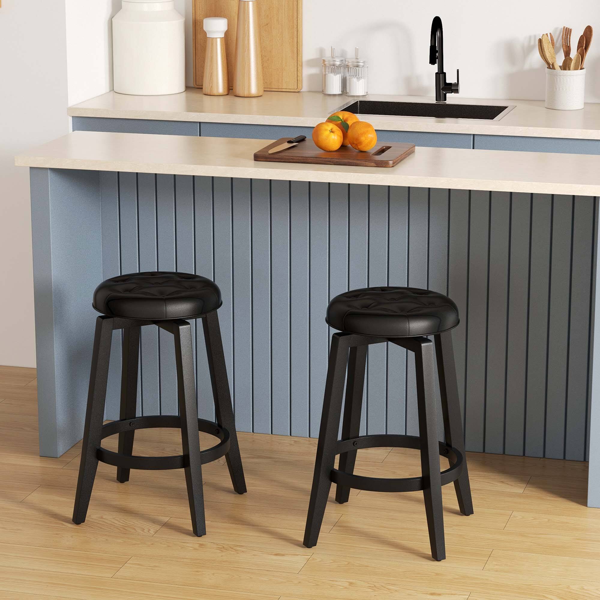 Alt View 2. Costway - 26" Swivel Bar Stool Set of 2 Upholstered Counter Height Rubber Wood Frame - Black.