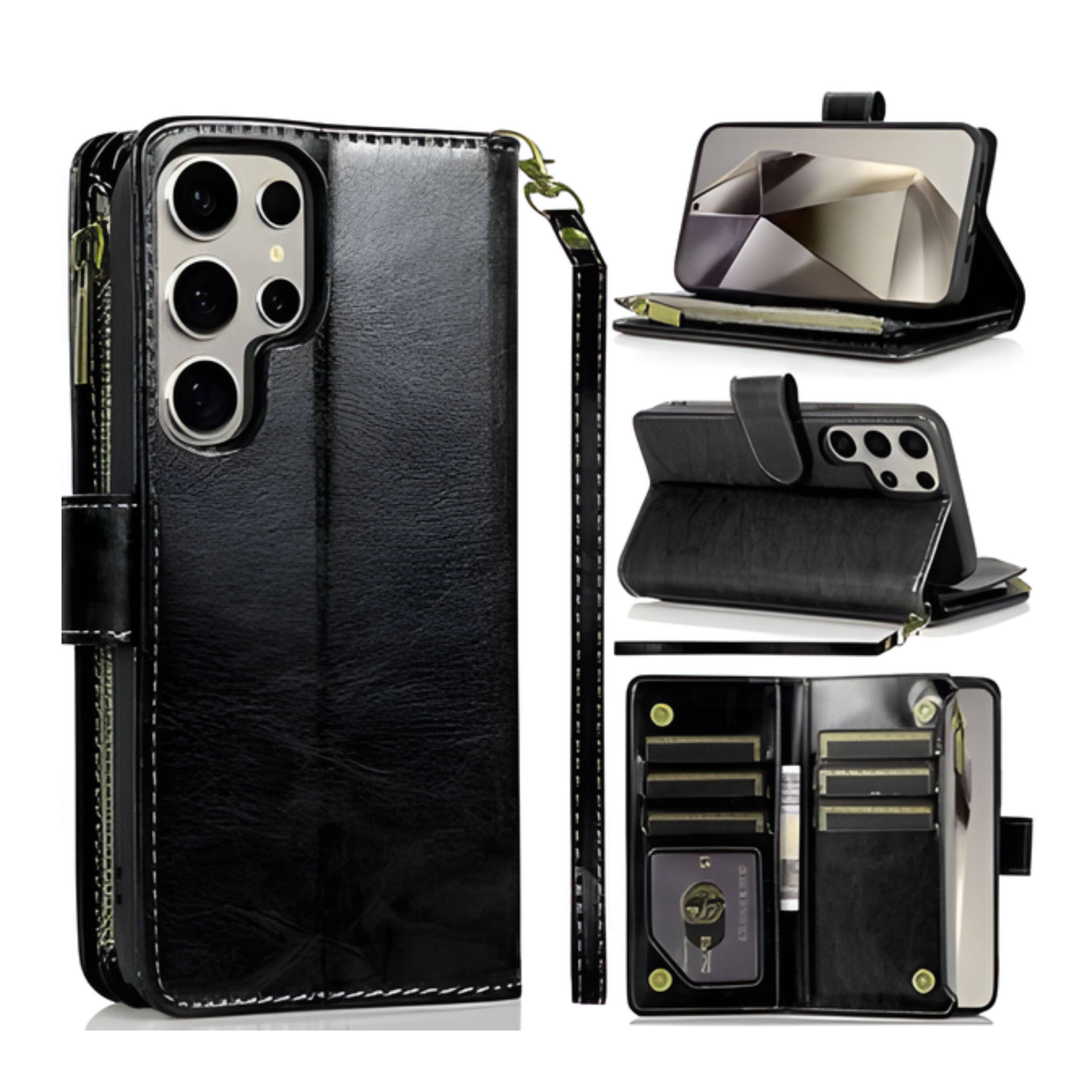 Angle. Kitcheniva - PU Leather Wallet Zipper Phone Case With Tempered Glass For Samsung Galaxy S25 Ultra Black - Black.