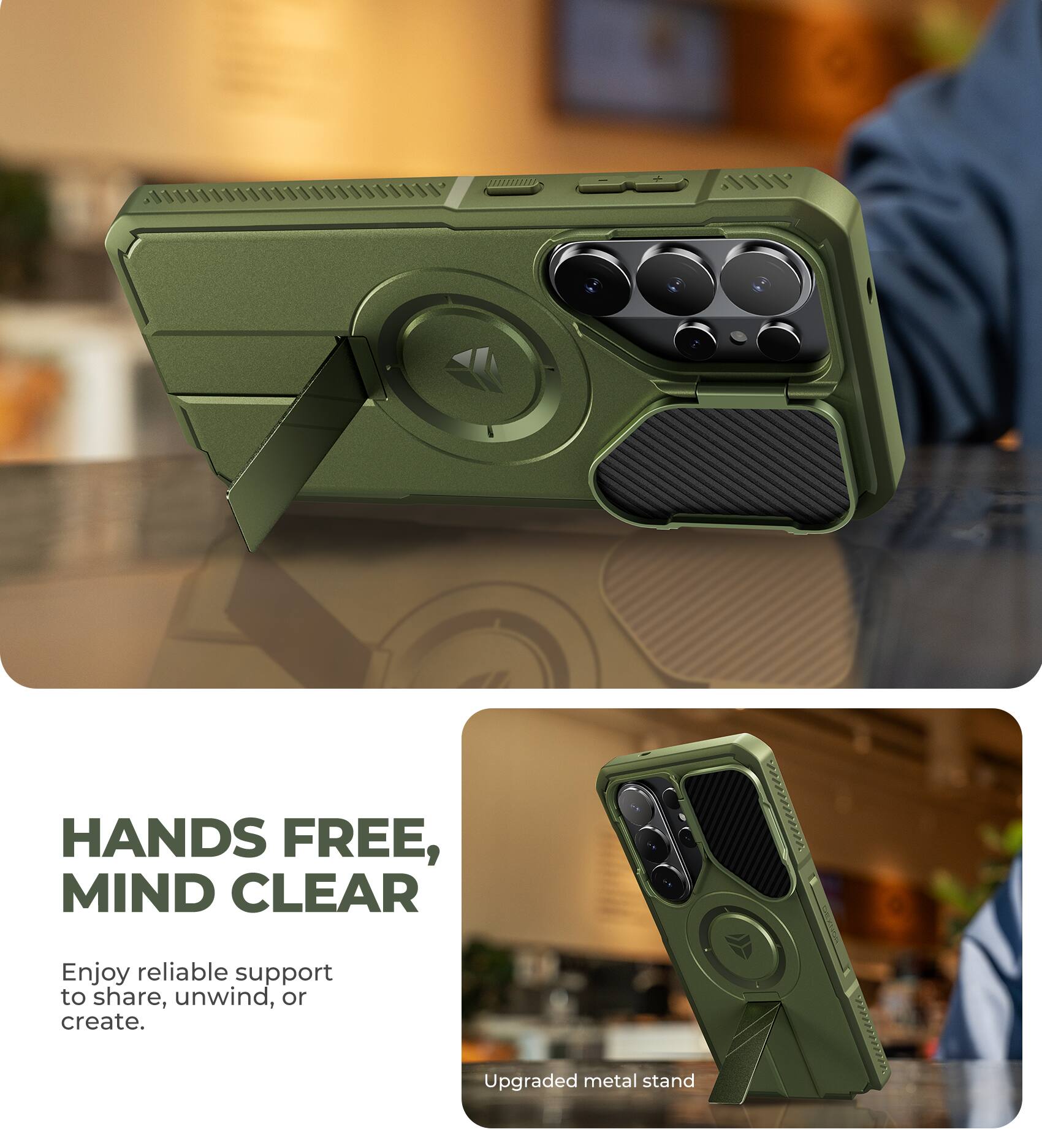 HANDS FREE, MIND CLEAR  
Enjoy reliable support to share, unwind, or create.  
Upgraded metal stand