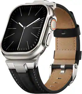 Core Tech - Genuine Leather Band for Apple Watch 49/46/45/44/42mm (Series 3), Adjustable - Titanium/Retro Black