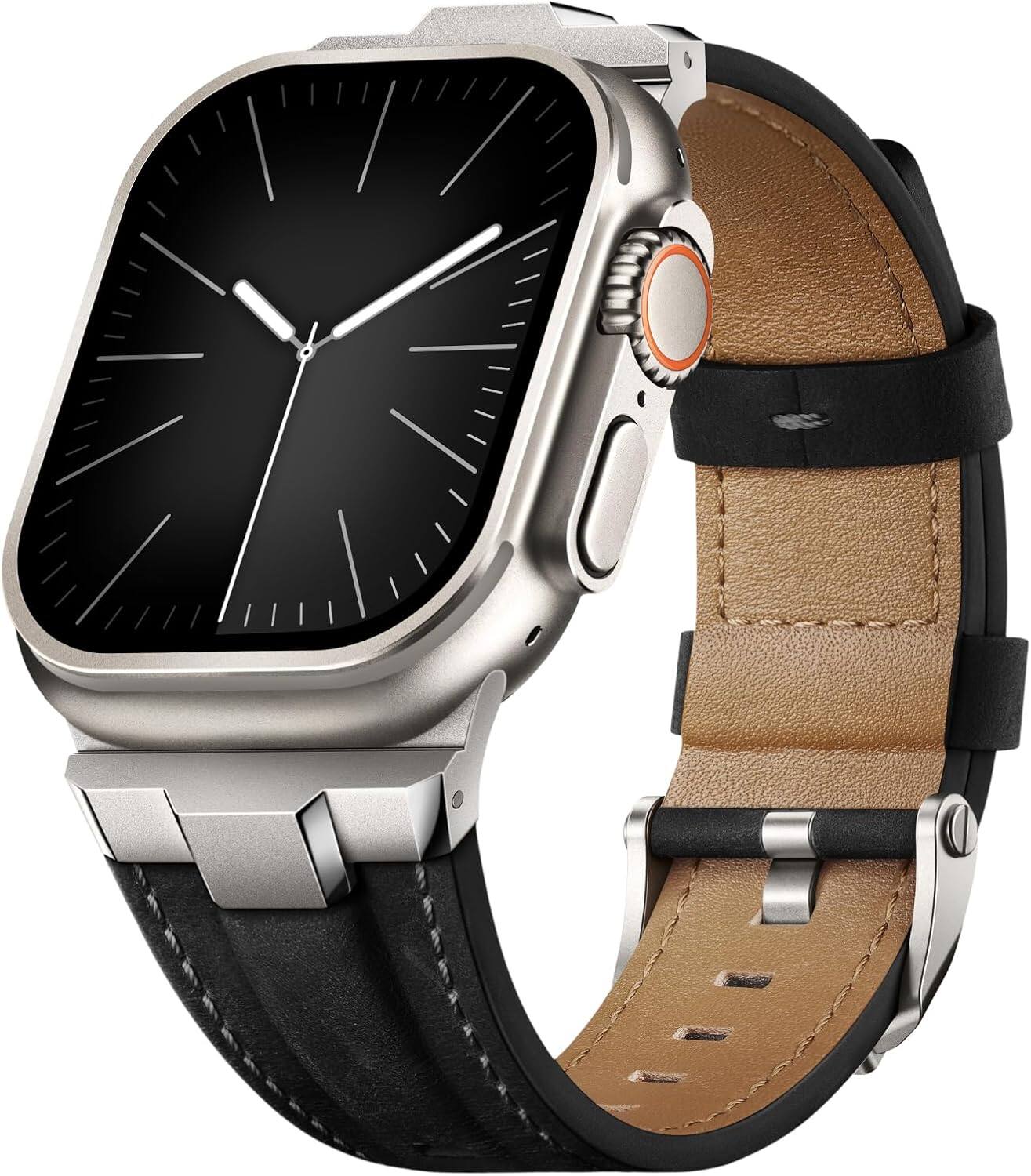 Front. Core Tech - Genuine Leather Band for Apple Watch 49/46/45/44/42mm (Series 3), Adjustable - Titanium/Retro Black.