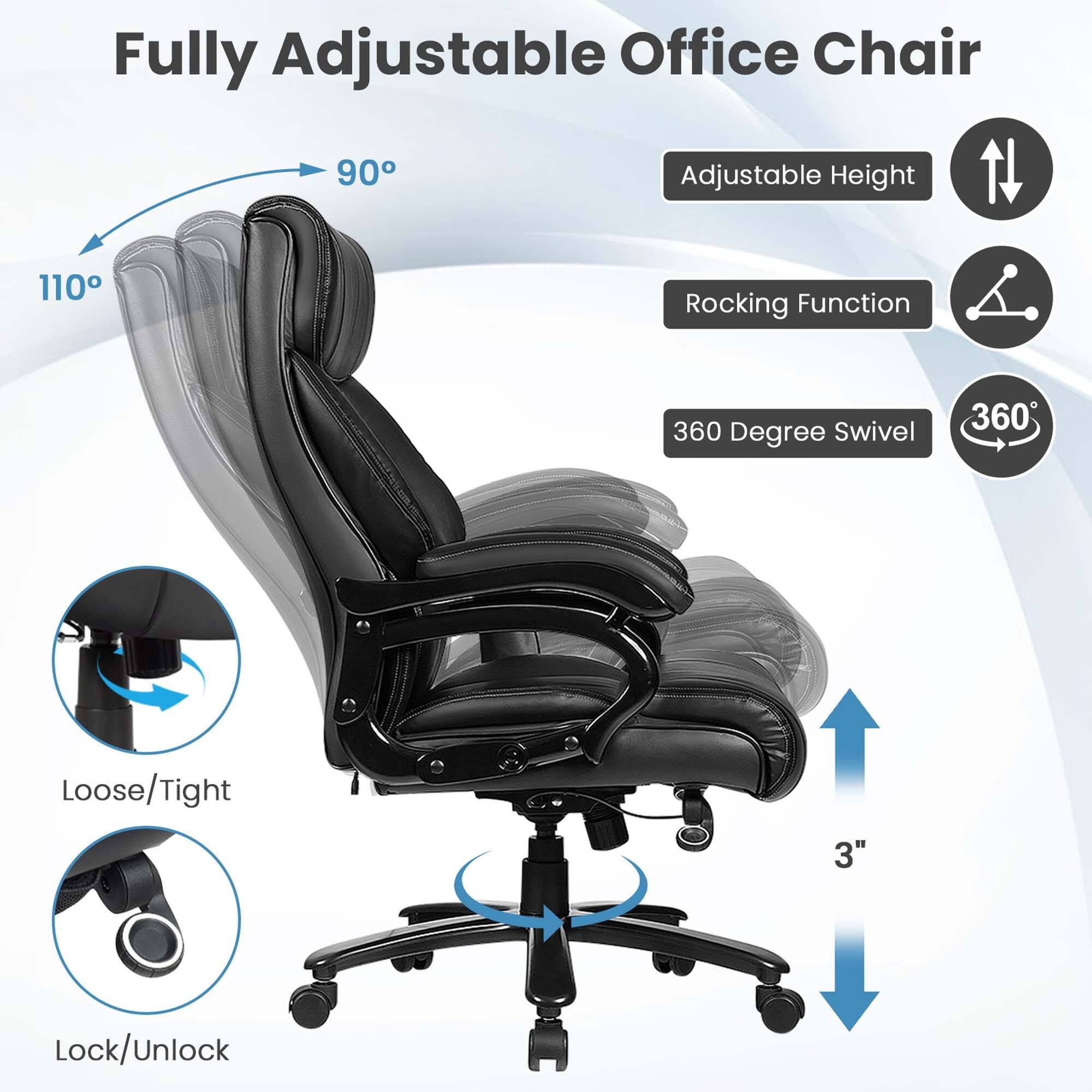 Fully Adjustable Office Chair: 90 Adjustable Height, 110 Rocking Function, 360 Degree Swivel, 360 Loose/Tight, 3" Lock/Unlock.