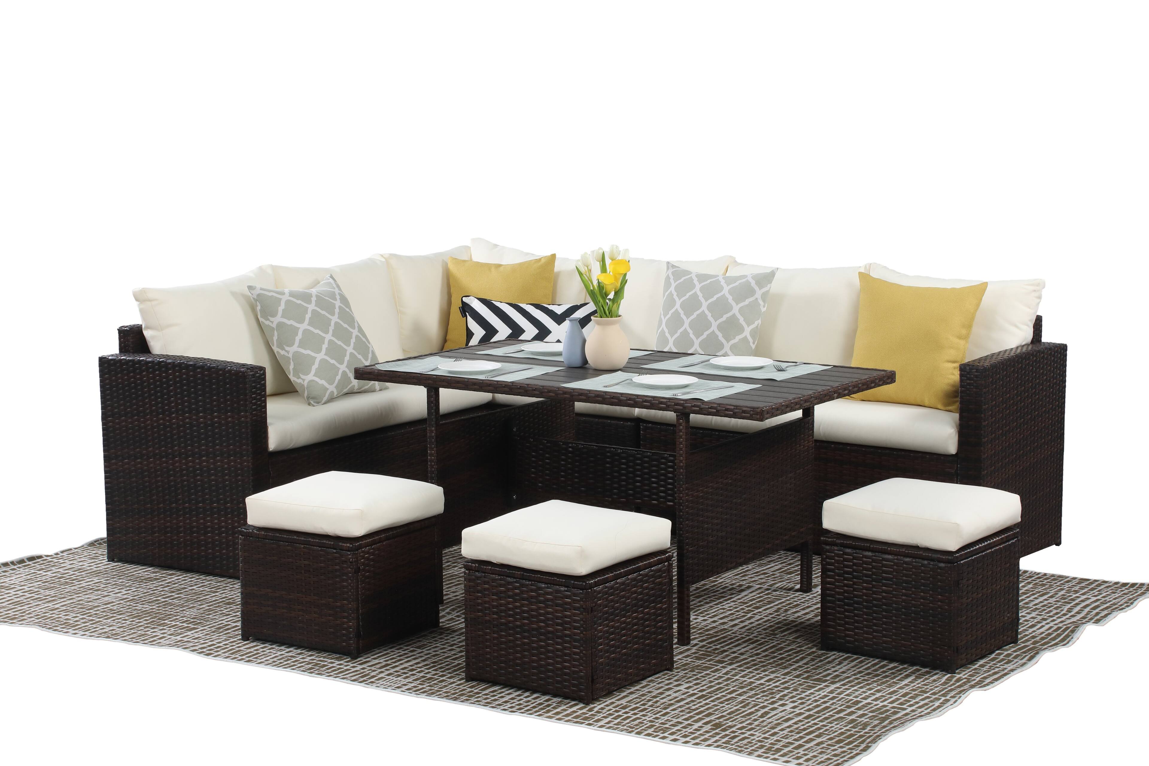 Angle. Mondawe - 7-Pieces PE Rattan Wicker Patio Dining Sectional with Cusions - Ivory.