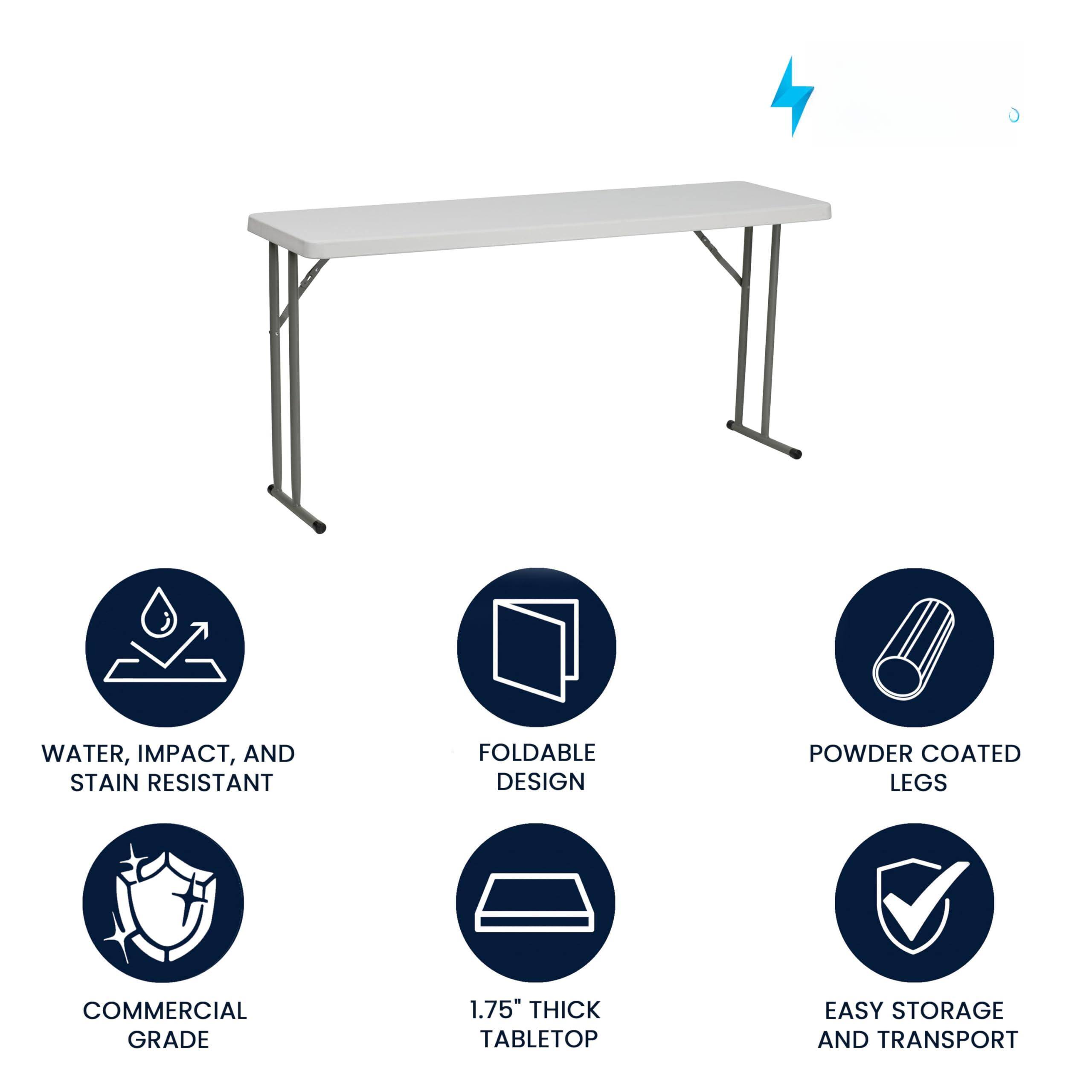 - Water, Impact, and Stain Resistant
- Foldable Design
- Powder Coated Legs
- Commercial Grade
- 1.75" Thick Tabletop
- Easy Storage and Transport