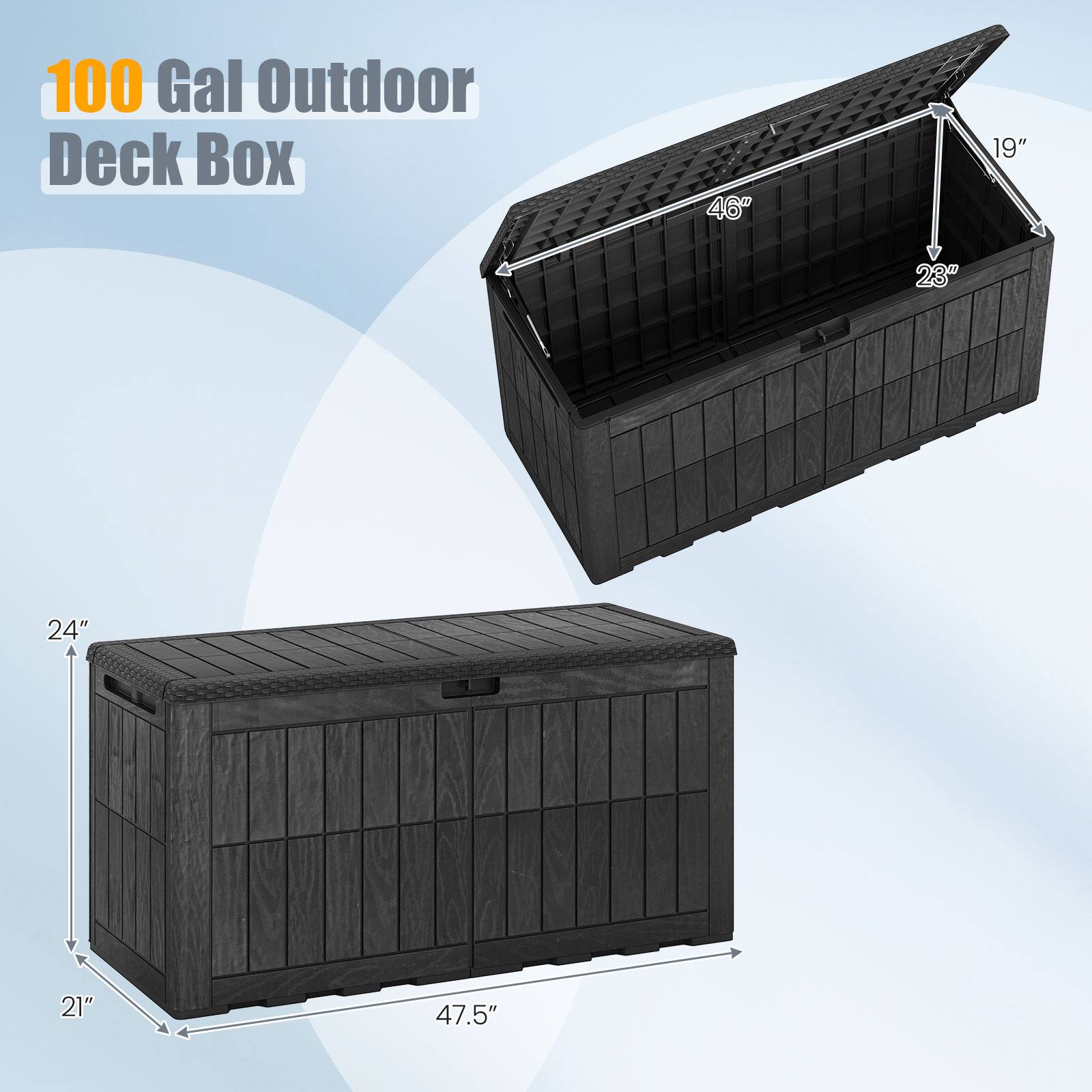 100 Gal Outdoor Deck Box  
46" x 19" x 23" x 24" x 21" x 47.5"