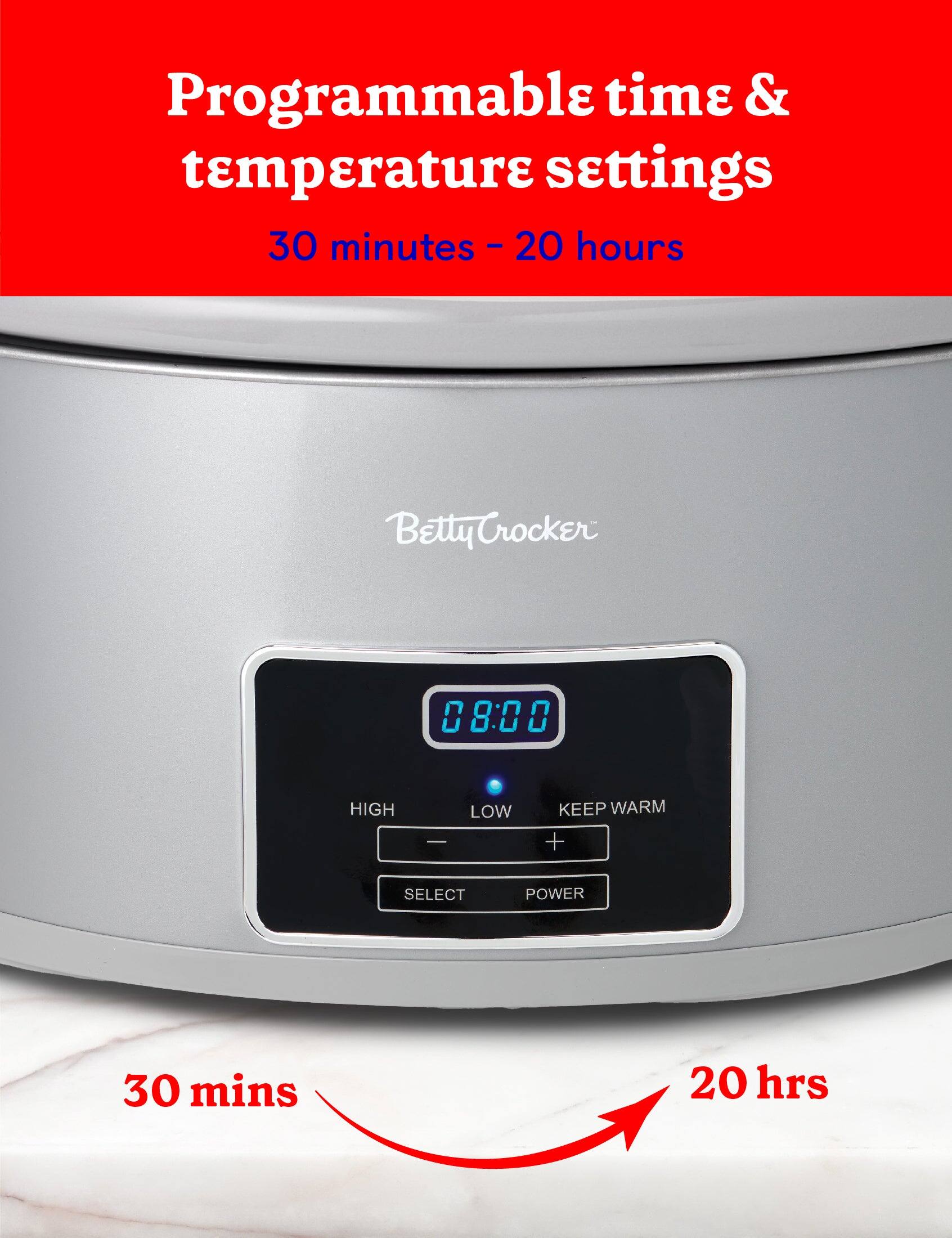 Programmable time & temperature settings: 30 minutes - 20 hours.