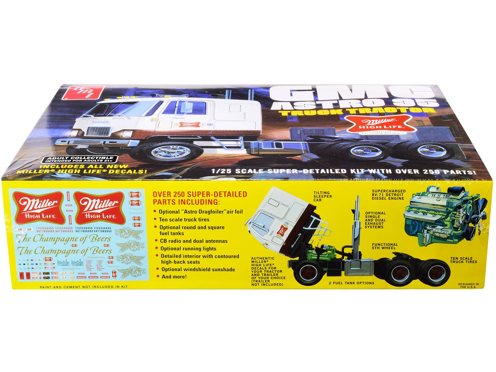 C GMC ASTROST TRUCK TRASTOR e. HIGH LIFE. | ADULT COLLECTIBLE INTENDED TO INCLUDE ALL NEW MILLER HIGH LIFE DECALS! 1/25 SCALE SUPER-DETAILED KIT WITH OVER 250 PARTS! Miller HIGH LIFE HIGH LIFE. +. 344 NTPPSSANSS 112534055 133354415 057789000 177889000 0077889900 S.PEOSON The Champagne of Beers The Champagne of Beers botie bohlu | PAINT AND CEMENT NOT INCLUDED IN KIT OVER 250 SUPER-DETAILED PARTS INCLUDING: Optional "Astro Dragfoiler" air foil Ten scale truck tires Optional round and square fuel tanks CB radio and dual antennas Optional running lights Detailed interior with contoured AUTHENTIC high-back seats MILLER HIGH LIFE Optional windshield sunshade DECALS FOR TOUR TRACTOR AND TRAILER And more! OF TOUR CHOICE TRAILER NOT INCLUDED) SUPERCHARGED TILTING BV-71 DETROIT SLEEPER