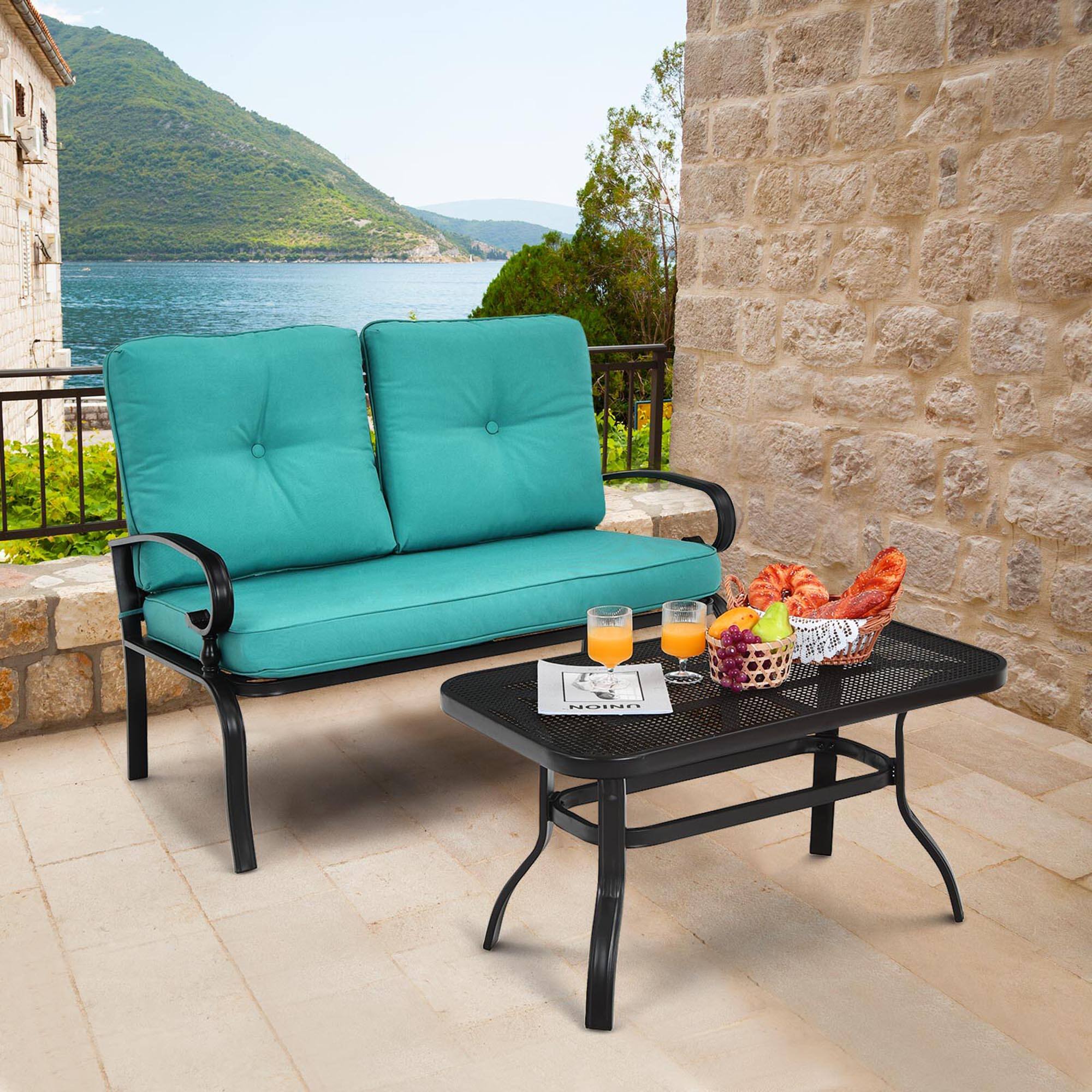 Alt View 8. Gymax - Gymax 2PCS Patio Loveseat & Table Set Conversation Sofa Set w/ Turquoise Cushions - Turquoise.