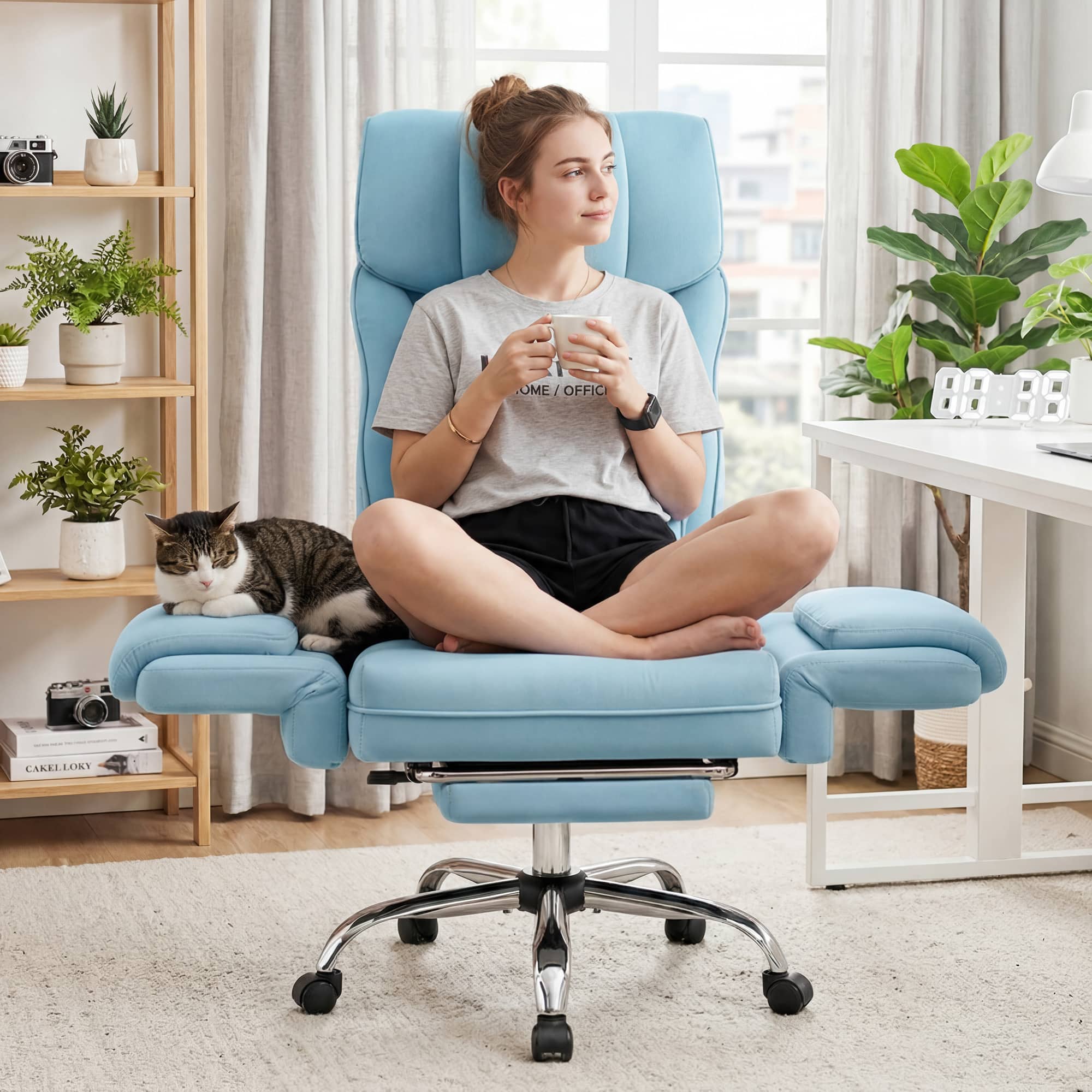 KERDOM - Ergonomic Big Home Office Chair with Expandable Arms, Velvet High Back Exceutive Manager Chair with Footrest Wide Seat - Blue