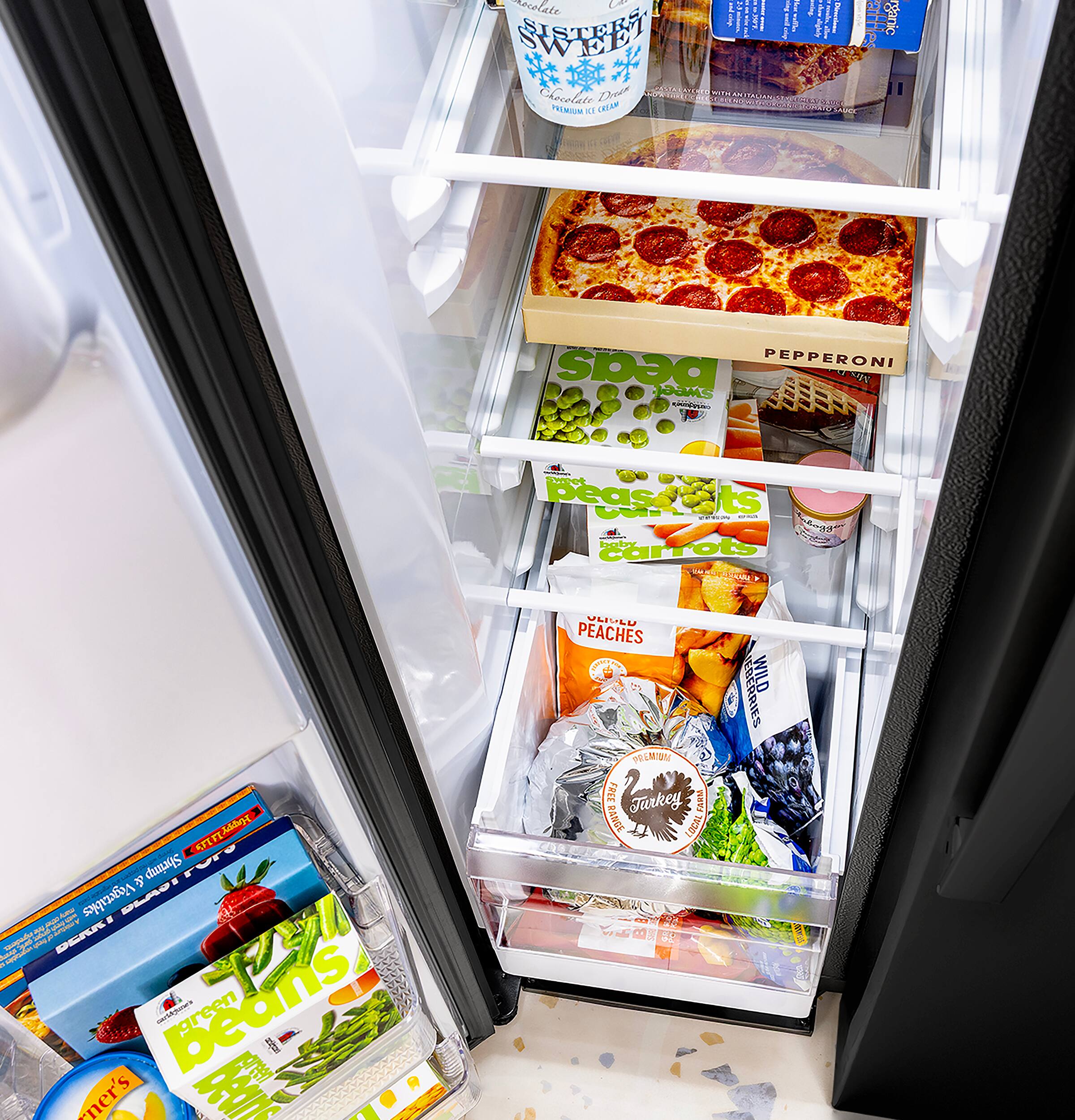 SWEET PREMIUM ICE CREAM  
PEPPERONI  
PEAS  
CARROTS  
VEGETABLES  
PEACHES  
PREMIUM TURKEY  
WILD BLUEBERRIES