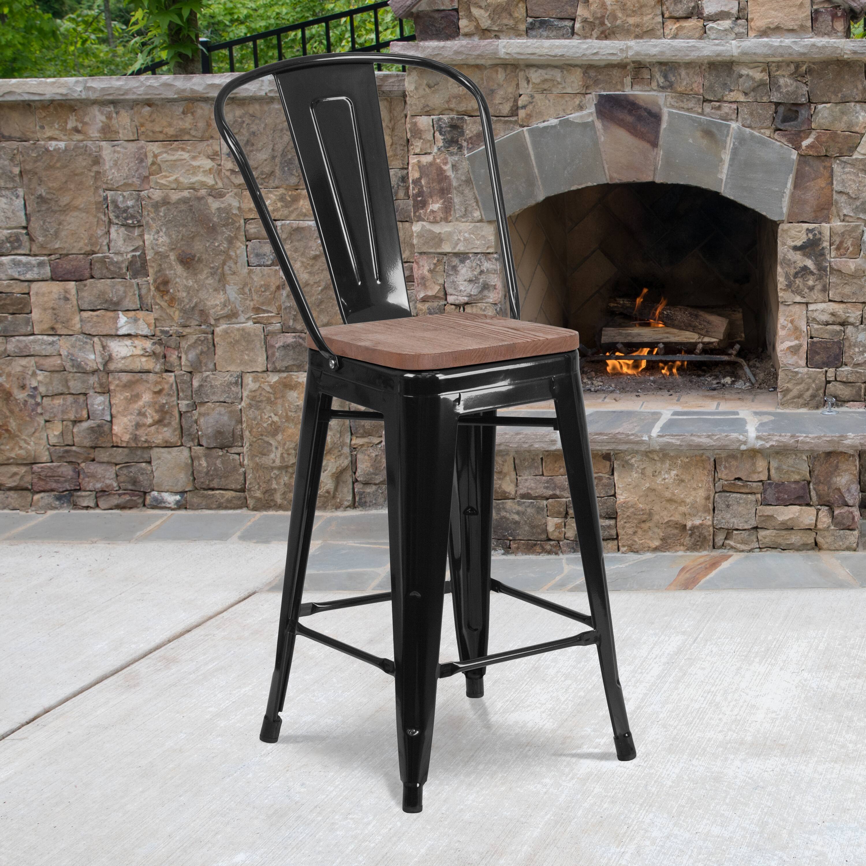 Emma + Oliver - 24"H Metal Counter Height Stool with Back and Square Wood Seat - Black