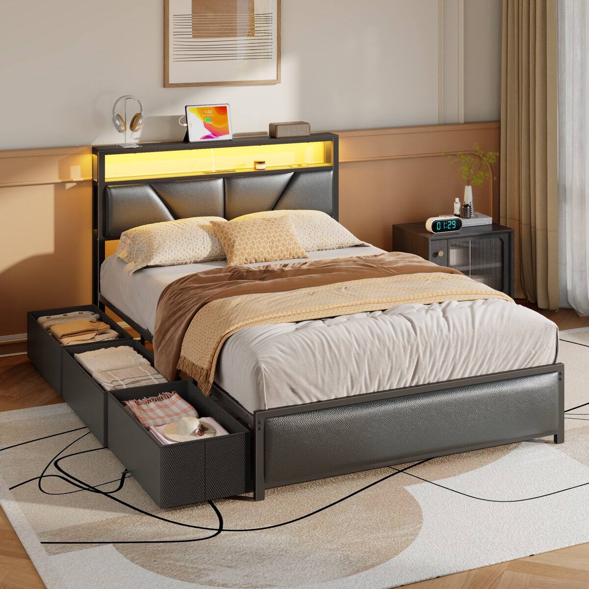 Angle. Furnulem - Bed Frame with 6 Underbed Drawers Open Storage Headboard with Charging Station - Black.
