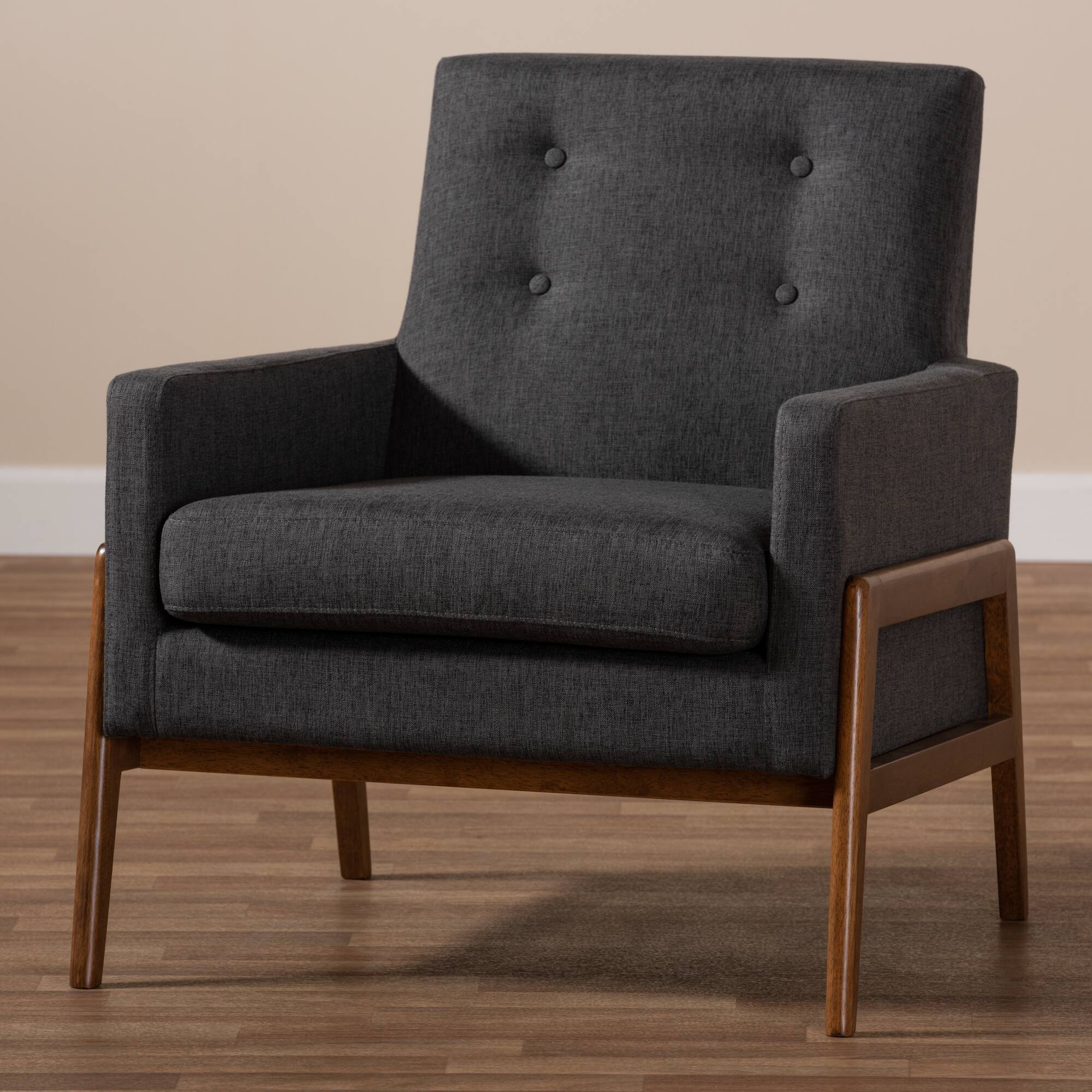 Alt View 4. Baxton Studio - Perris Mid-Century Modern Fabric Upholstered Walnut Wood Lounge Chair - Dark Grey.