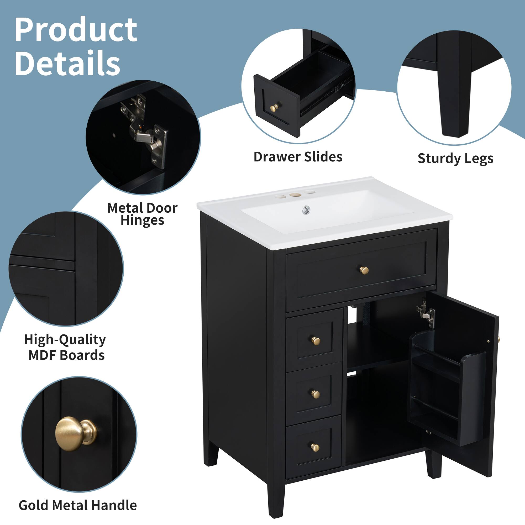 Product Details

- Drawer Slides
- Sturdy Legs
- Metal Door Hinges
- High-Quality MDF Boards
- Gold Metal Handle