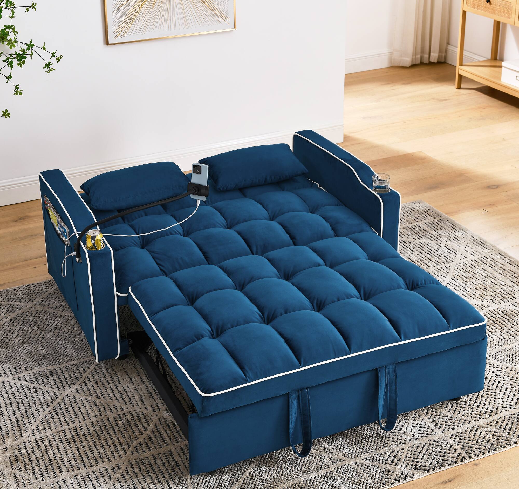 Angle. Tiramisubest - Modern Velvet Versatile Foldable Sofa Bed in 3 Lengths,Adjustable Back w/ USB Port,Ashtray & Swivel Phone Stand (Blue) - Blue.
