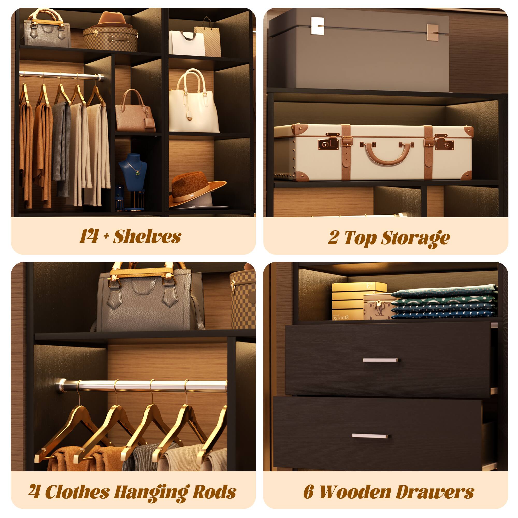121 + Shelves  
2 Top Storage  
2 Clothes Hanging Rods  
6 Wooden Drawers
