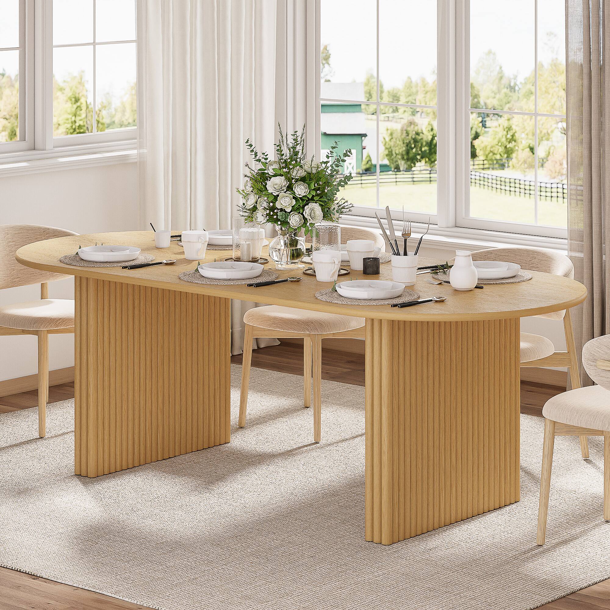 Angle. Lirago - 79" Solid Wood Oval Dining T able with Double Pedestal Large Kitchen Table Seats 6-8 or More for Dining Room - Natural.