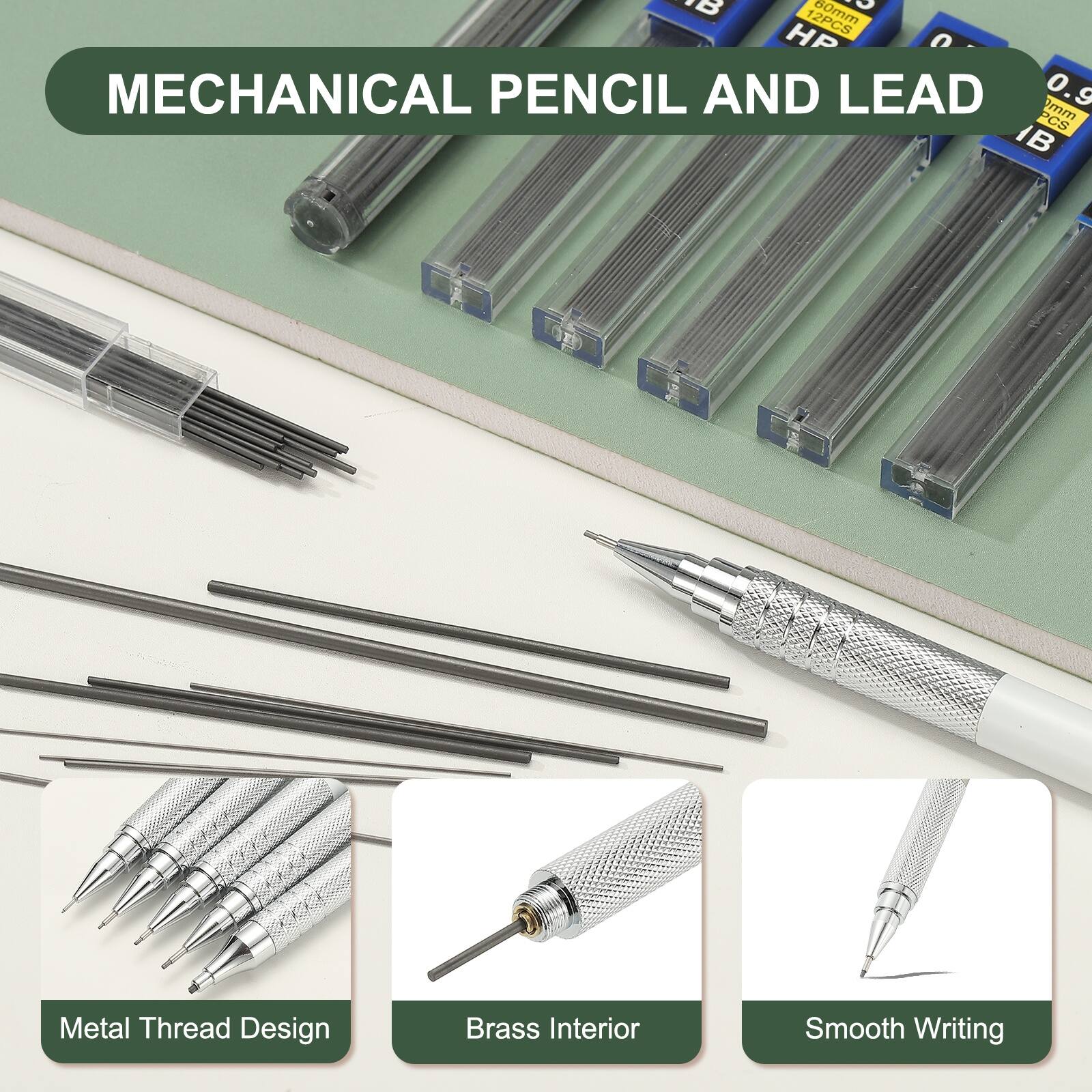 30mm 12PCS HP 0.9mm MECHANICAL PENCIL AND LEAD

Metal Thread Design
Brass Interior
Smooth Writing