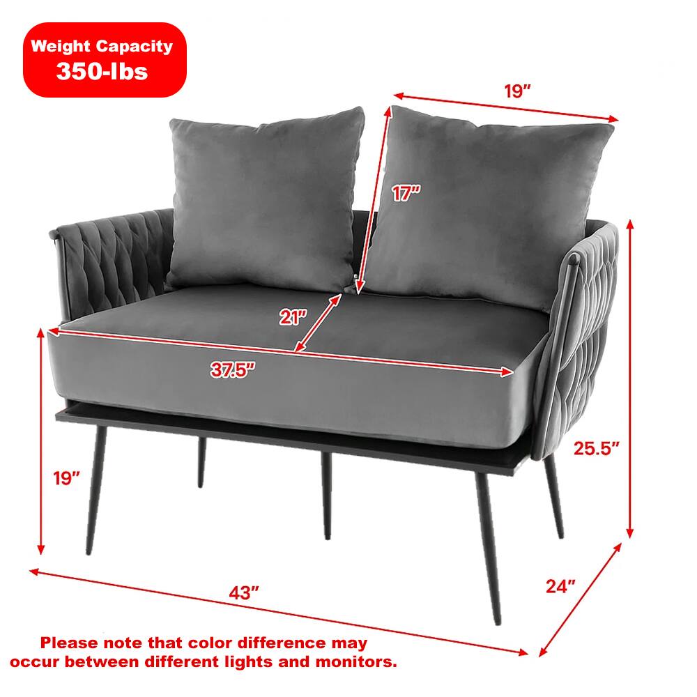Weight Capacity: 350-lbs

Dimensions:
- Width: 37.5"
- Depth: 24"
- Height: 43"
- Seat Height: 19"
- Seat Depth: 21"
- Back Height: 25.5"
- Arm Height: 19"
- Arm Width: 17"

Please note that color difference may occur between different lights and monitors.