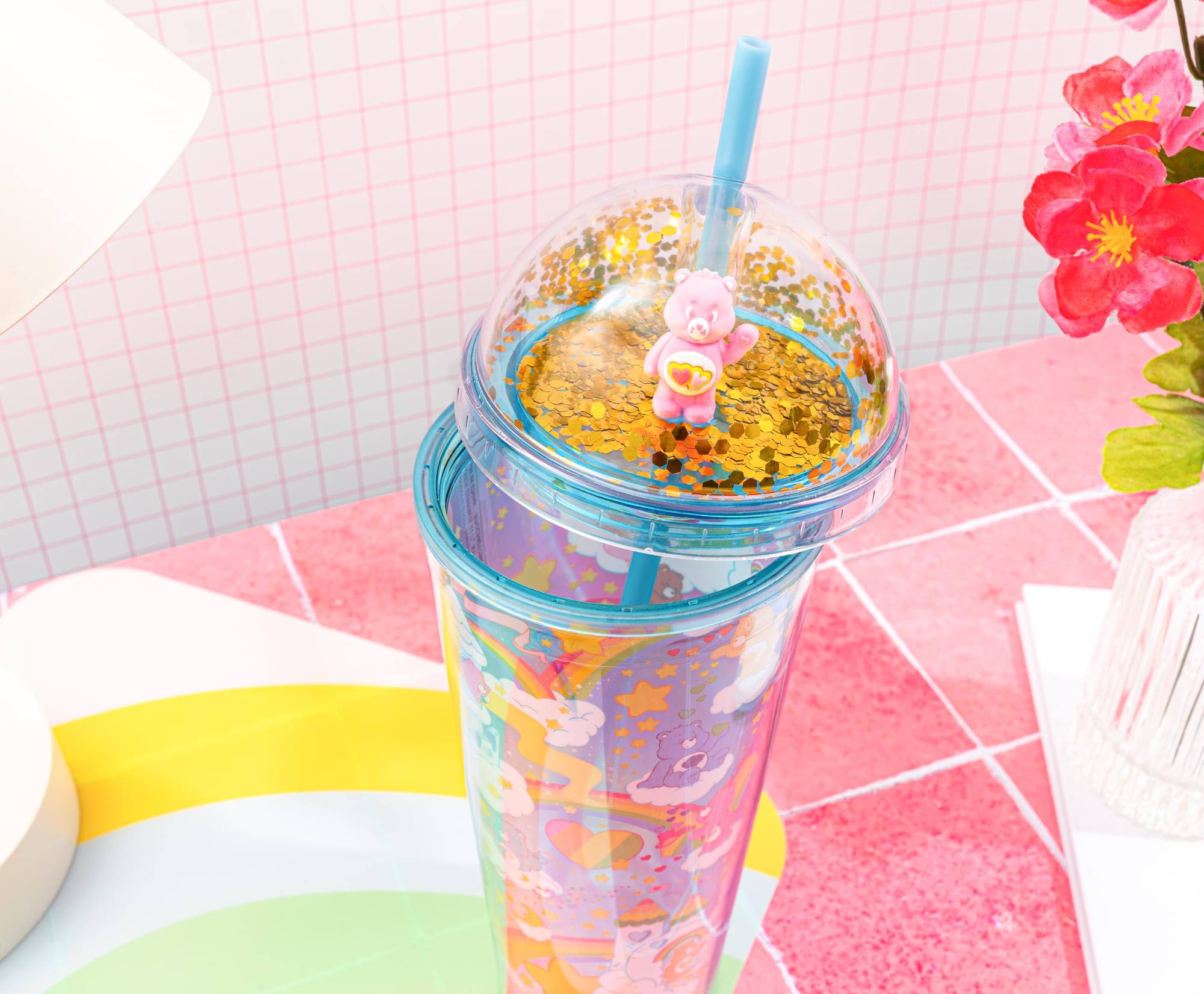 Alt View 4. Silver Buffalo - Care Bears Rainbows 24-Ounce Confetti Carnival Cup With Dome Lid and Straw - Blue.