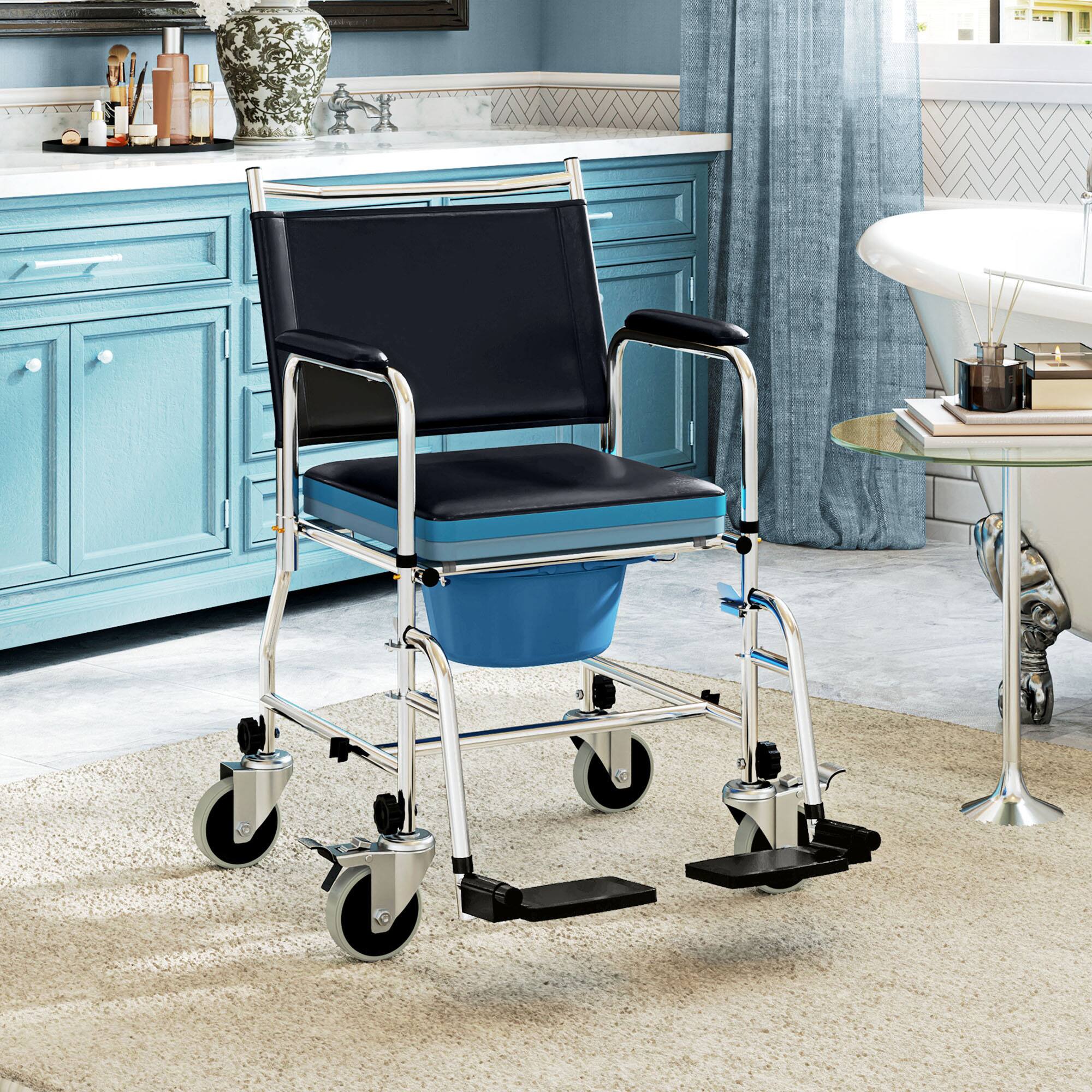 Alt View 1. Homcom - Shower Chair, Bedside Commode Wheelchair with Padded Seat, Backrest, for Seniors, Disabled - Black.