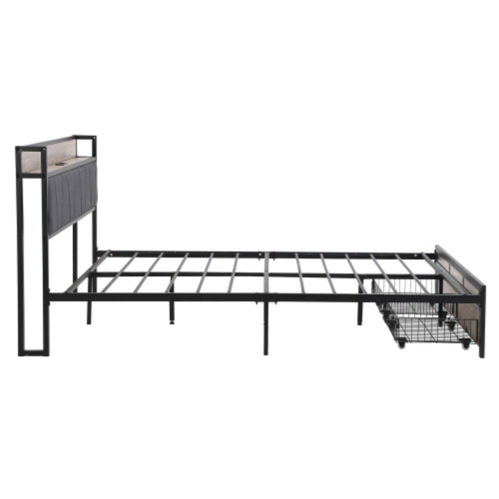 Alt View 2. LUCKY ONE - Queen Size Platform Bed Frame with Wooden Headboard and Footboard, Heavy Duty Steel, No Box Spring Needed, 13in Storage - Black+Grey.