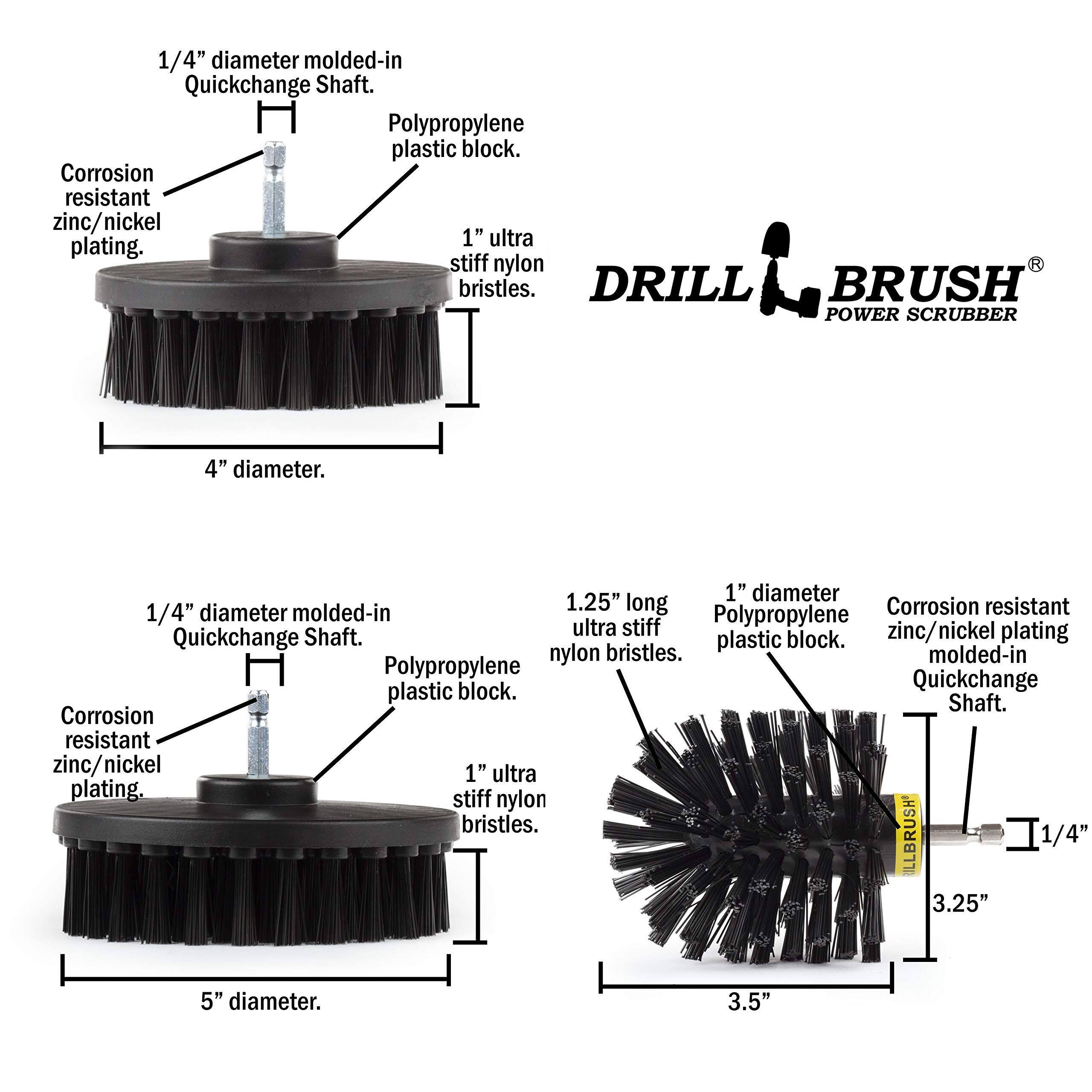 1/4" diameter molded-in Quickchange Shaft. Polypropylene plastic block. Corrosion resistant zinc/nickel plating. 1" ultra stiff nylon bristles. DRILL BRUSH POWER SCRUBBER 4" diameter. 1" diameter 1.25" long Corrosion resistant 1/4" diameter molded-in Polypropylene Shaft. Quickchange plastic block. nylon bristles. ILLBRUSH' 1/4" 3.25" 5" diameter. 3.5"